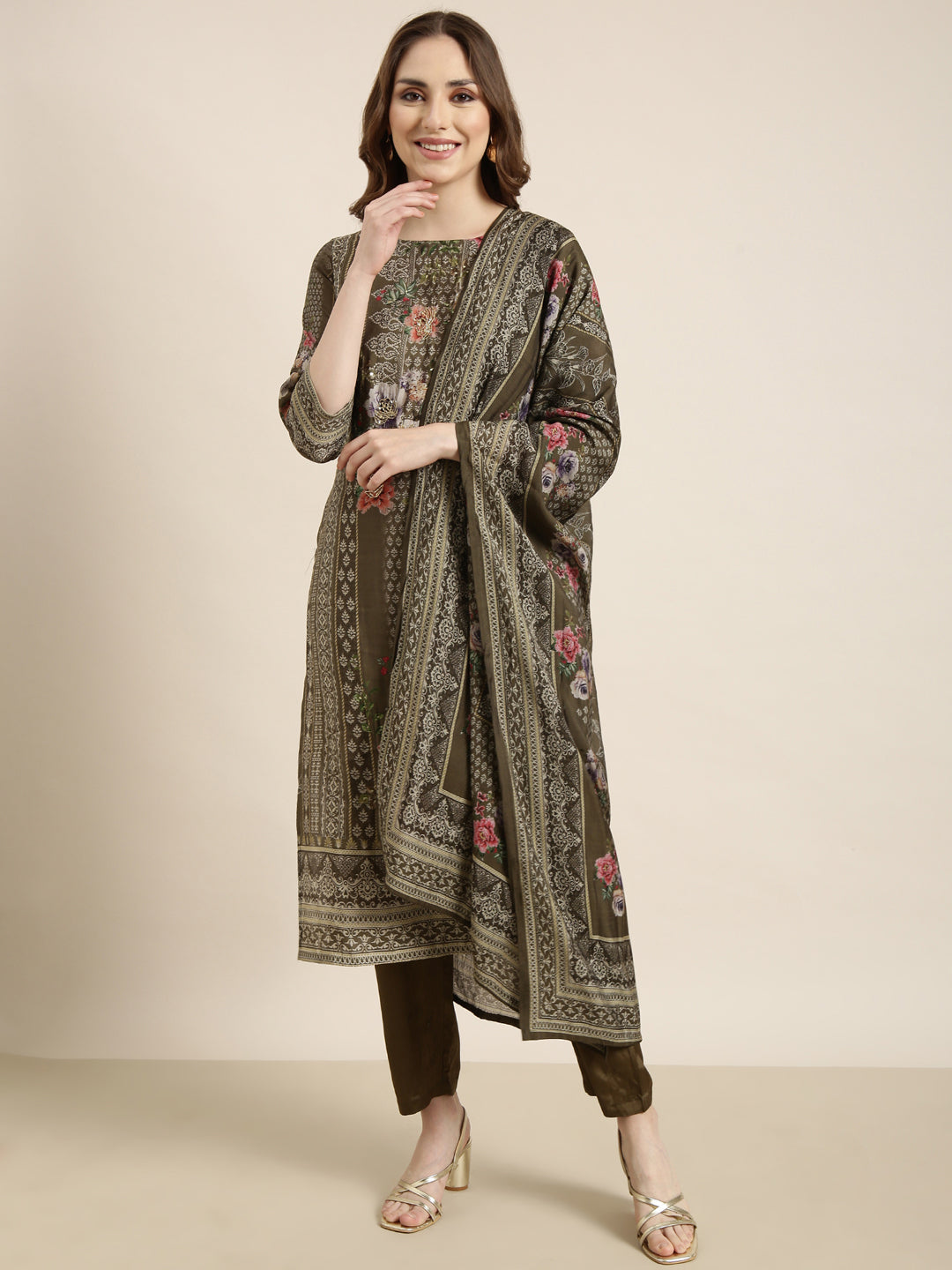 Women Straight Olive Floral Kurta and Trousers Set Comes With Dupatta