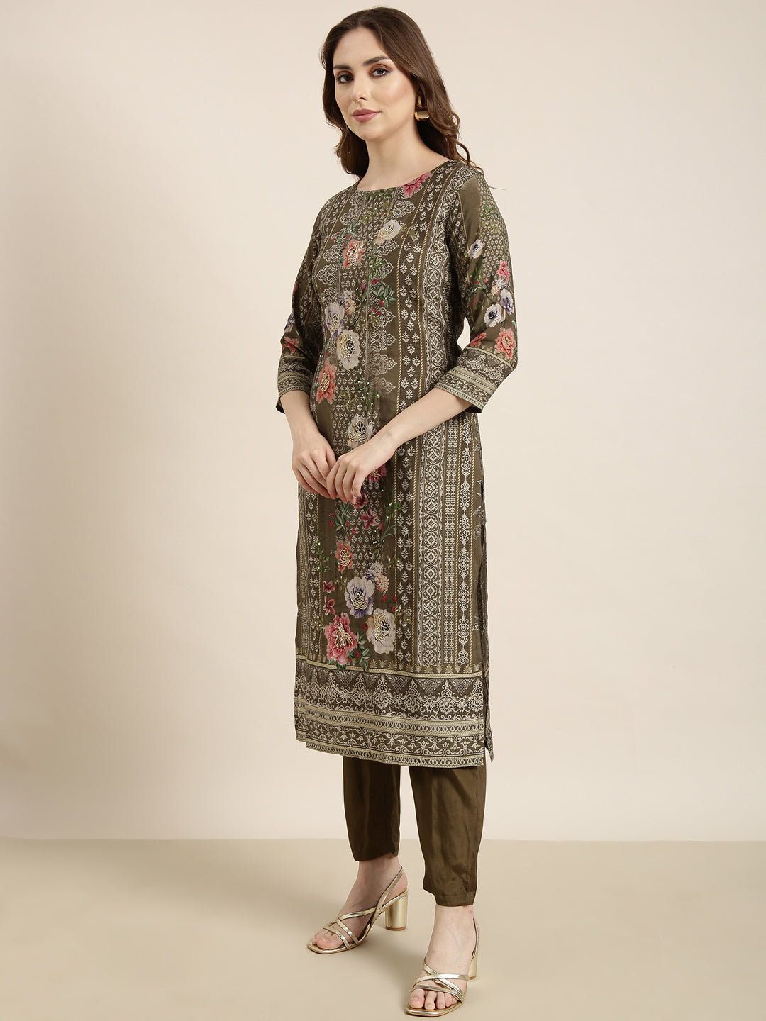 Women Straight Olive Floral Kurta and Trousers Set Comes With Dupatta