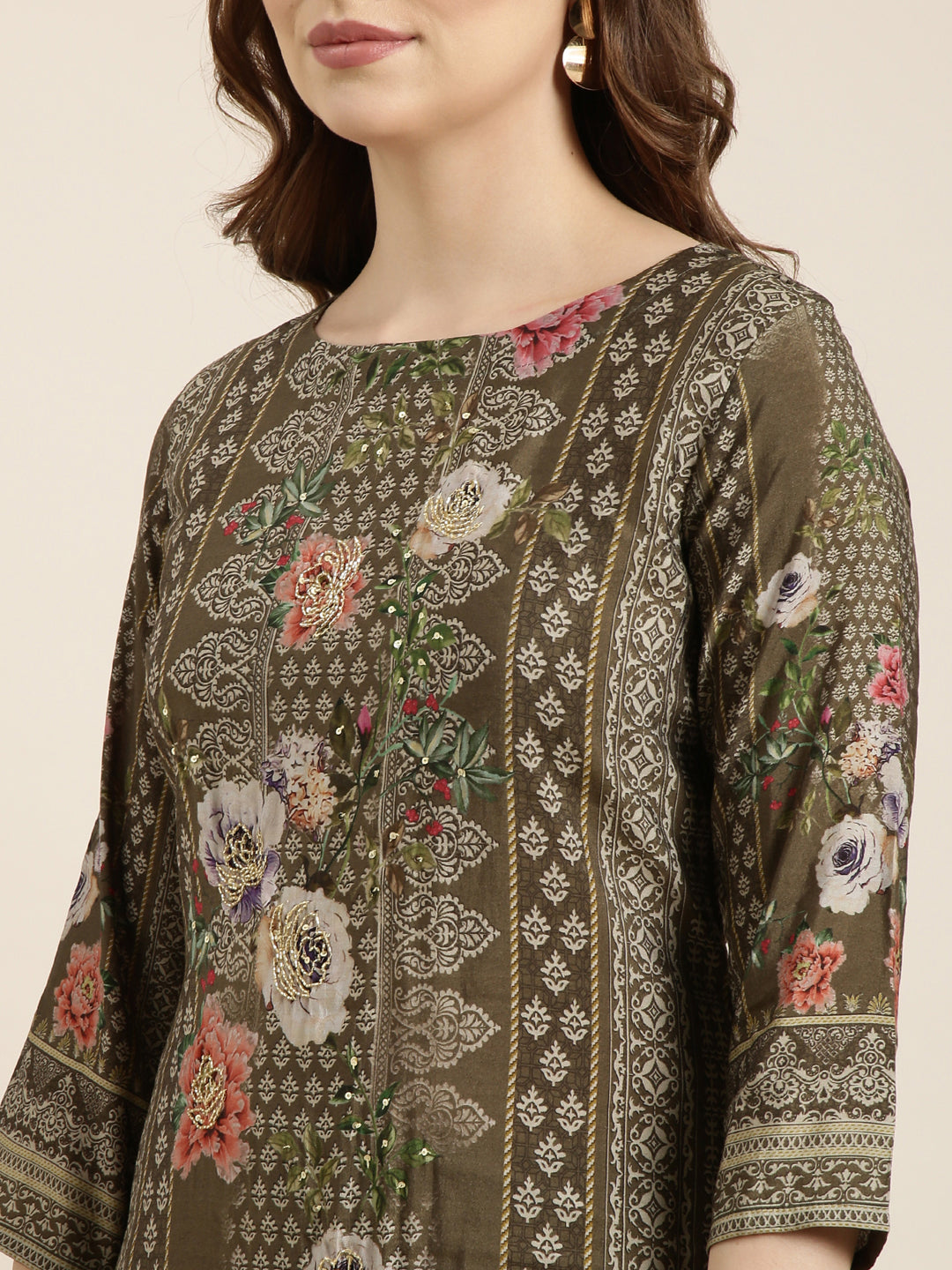 Women Straight Olive Floral Kurta and Trousers Set Comes With Dupatta