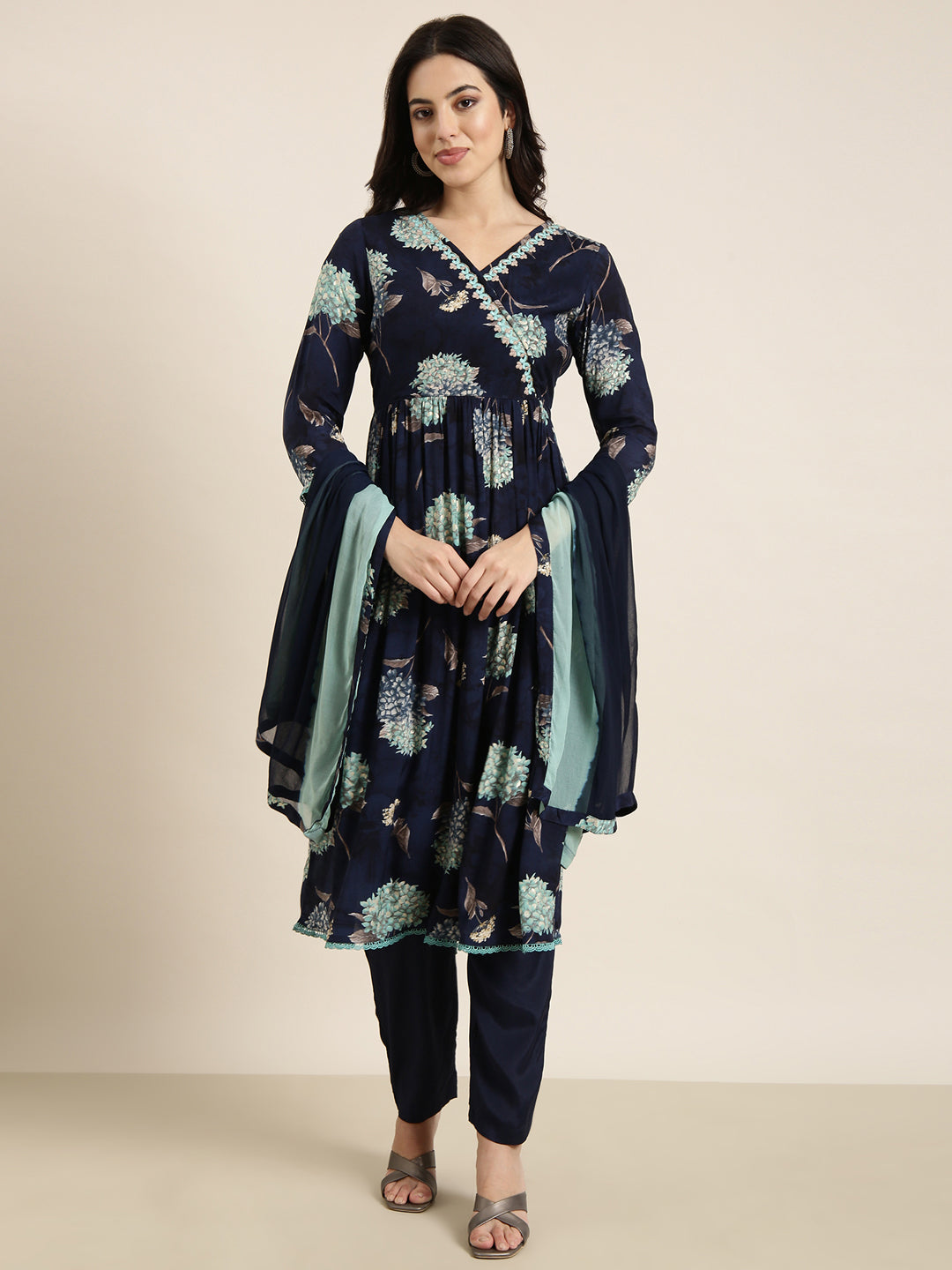 Women Anarkali Navy Blue Floral Kurta and Trousers Set Comes With Dupatta