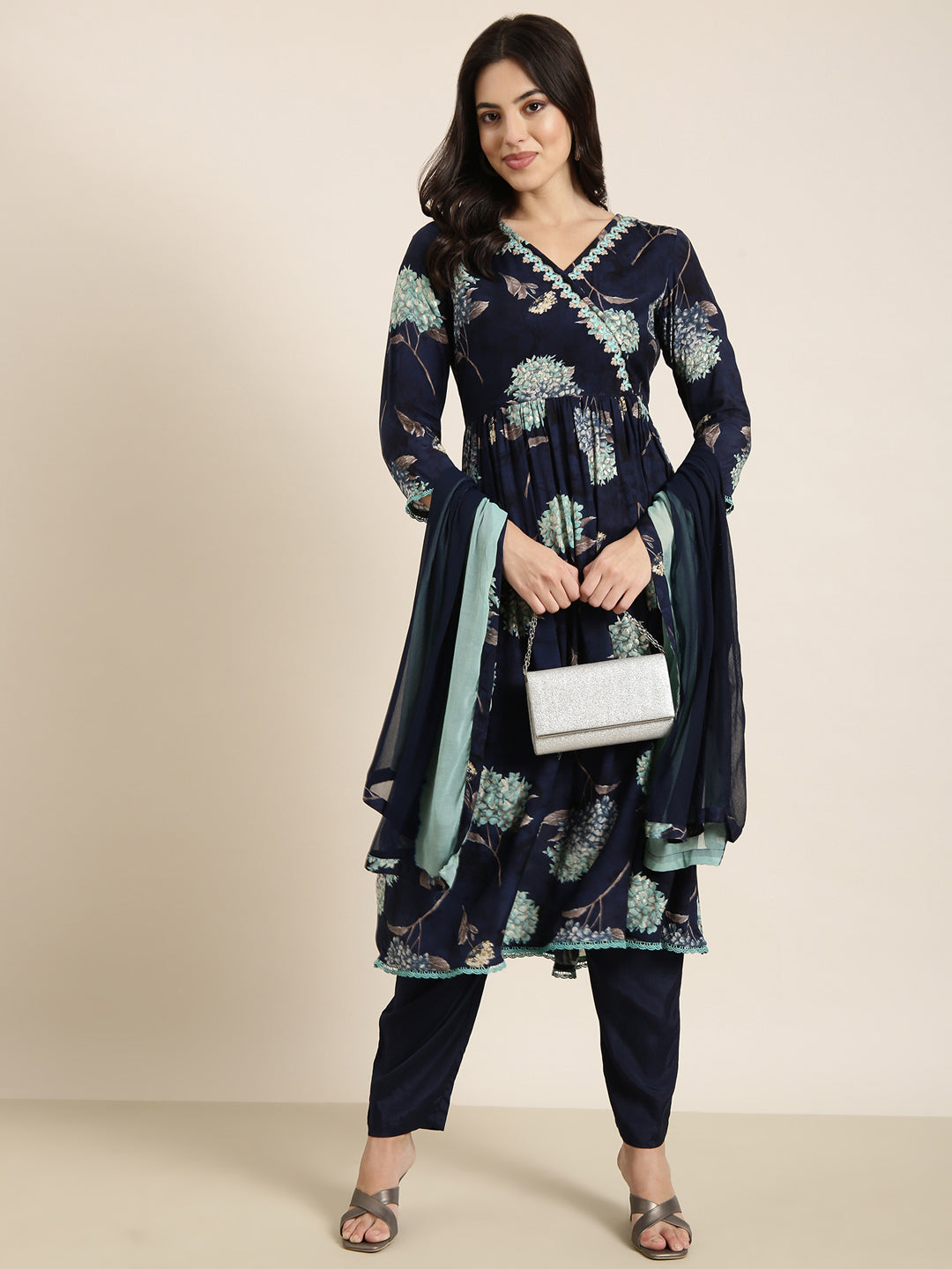 Women Anarkali Navy Blue Floral Kurta and Trousers Set Comes With Dupatta