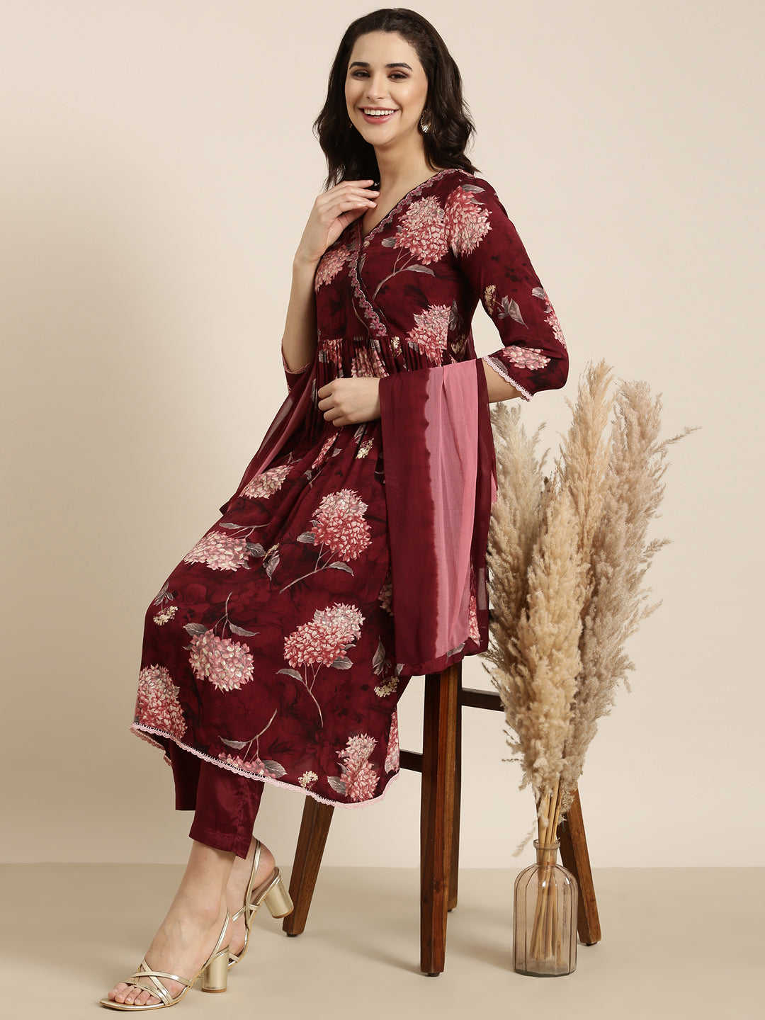 Women Anarkali Maroon Floral Kurta and Trousers Set Comes With Dupatta