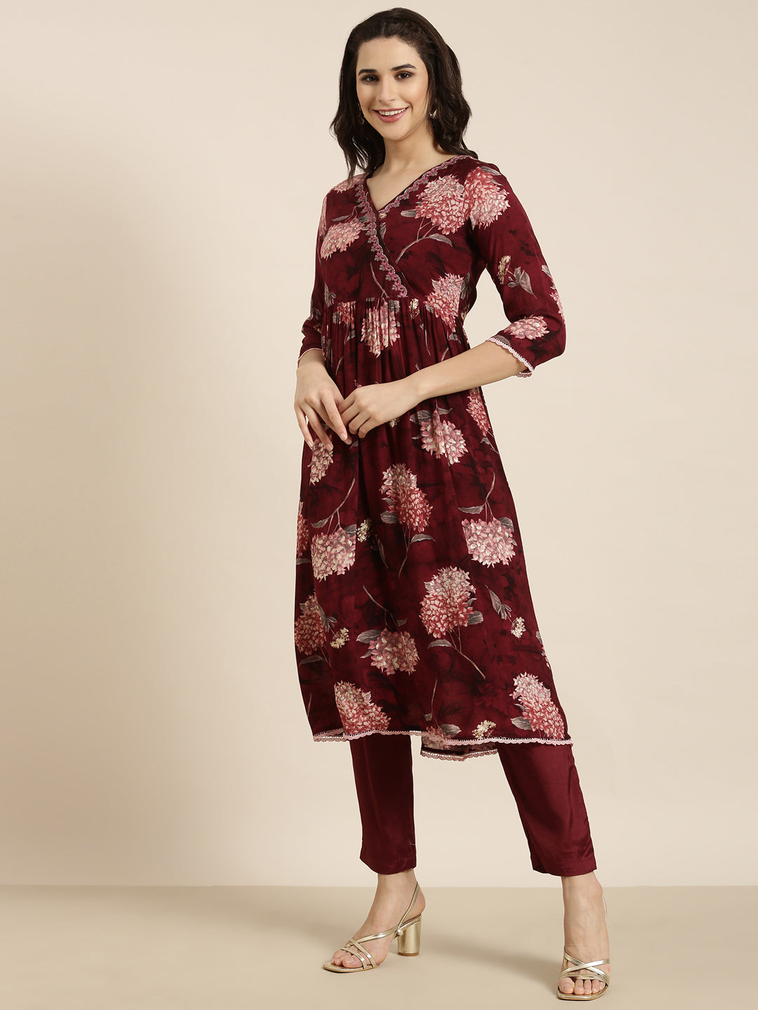 Women Anarkali Maroon Floral Kurta and Trousers Set Comes With Dupatta