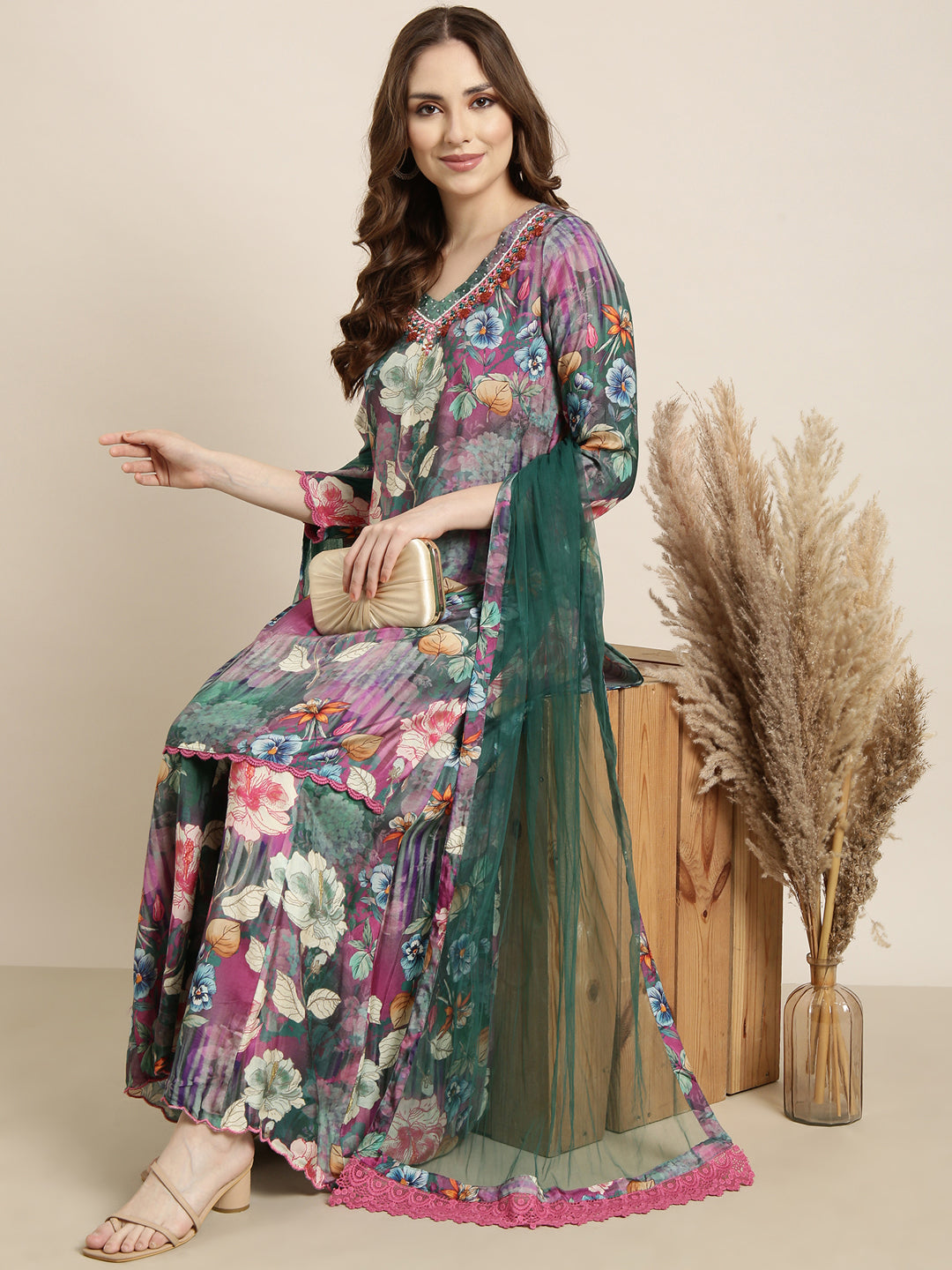 Women Straight Green Floral Kurti and Palazzos Set Comes With Dupatta