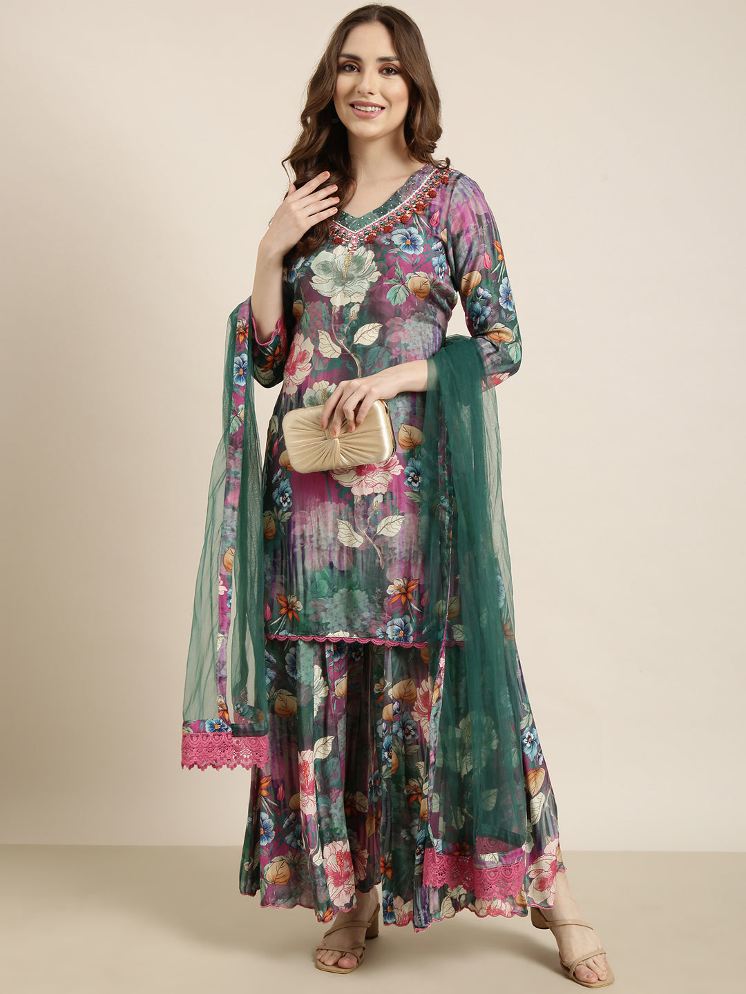 Women Straight Green Floral Kurti and Palazzos Set Comes With Dupatta