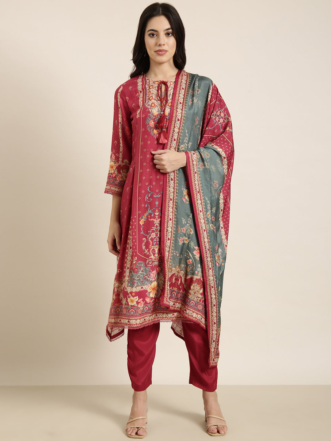 Women Straight Pink Floral Kurta and Trousers Set Comes With Dupatta