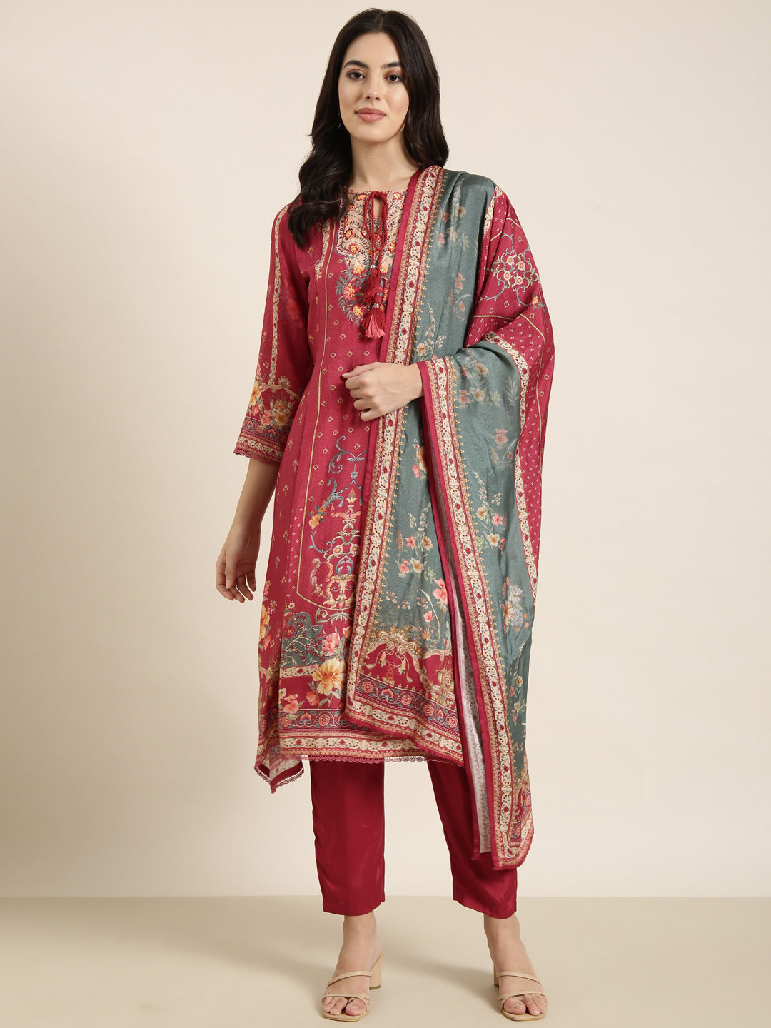 Women Straight Pink Floral Kurta and Trousers Set Comes With Dupatta