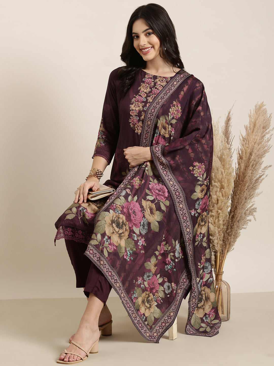 Women Straight Purple Floral Kurta and Trousers Set Comes With Dupatta