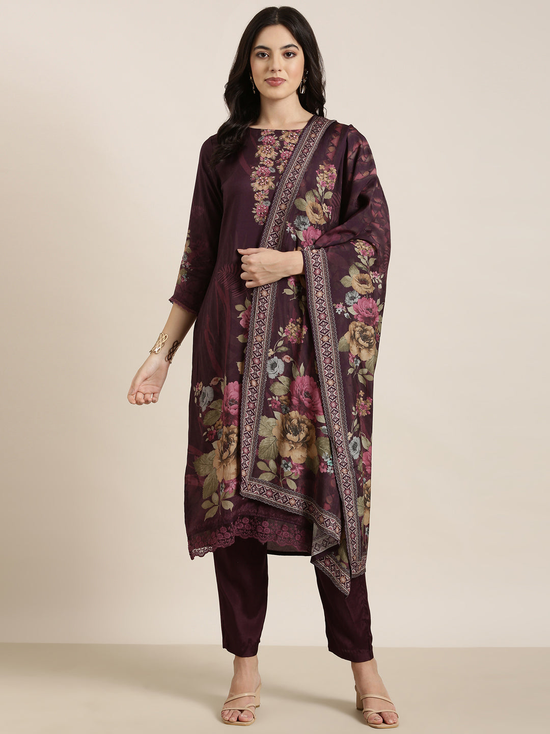 Women Straight Purple Floral Kurta and Trousers Set Comes With Dupatta