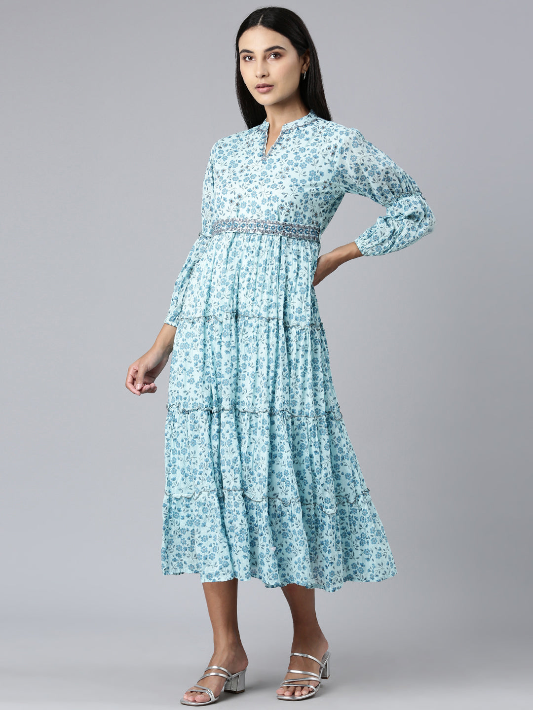 Women Blue Floral Fit and Flare Dress
