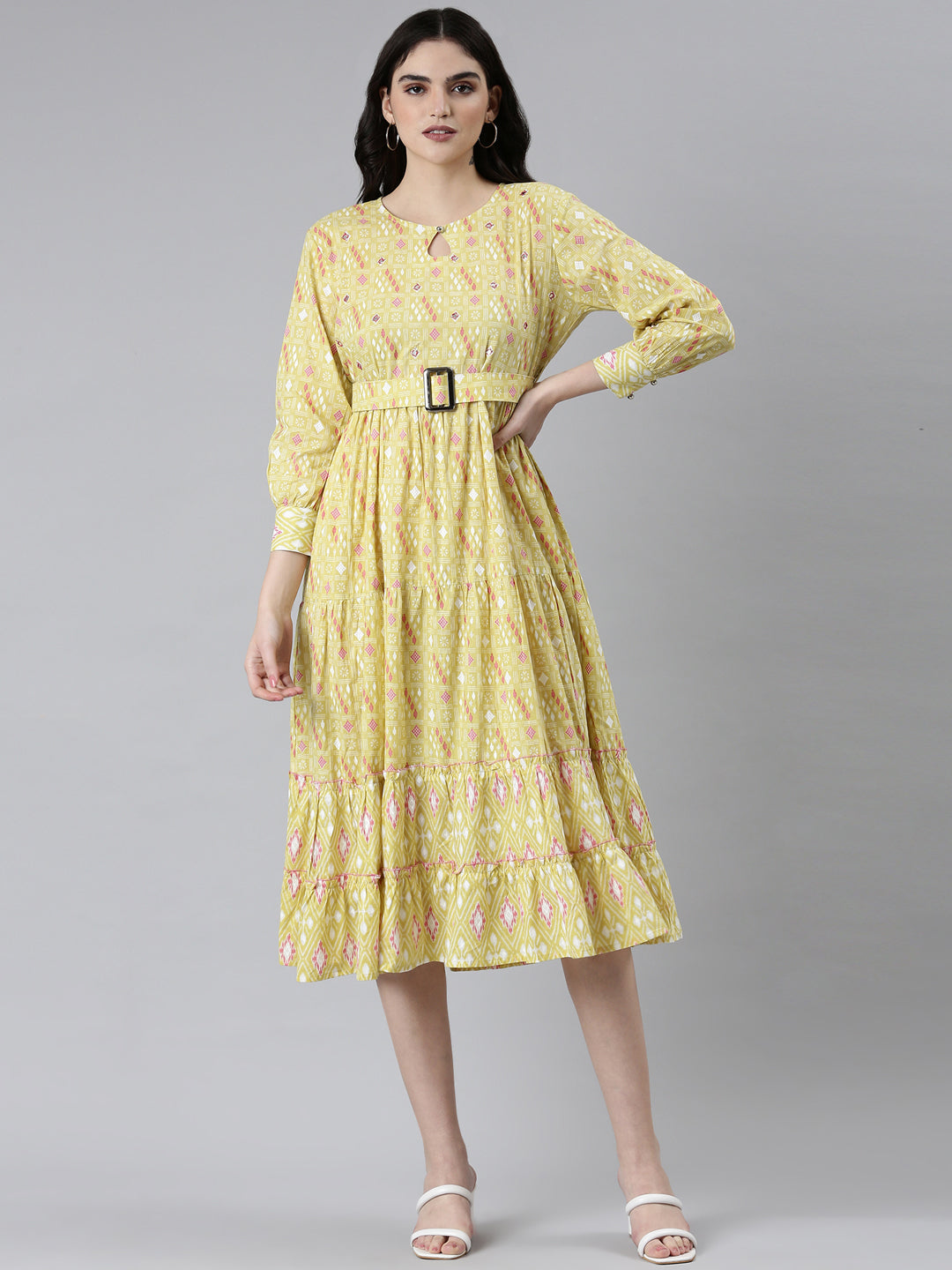 Women Yellow Geometrical Fit and Flare Dress
