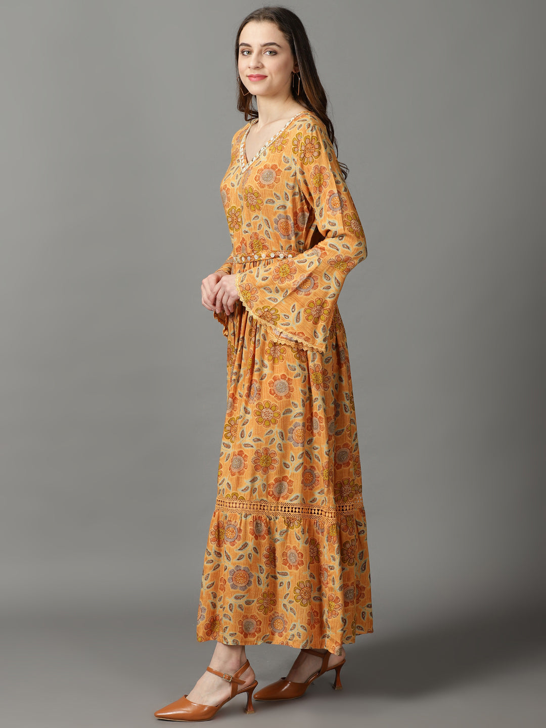 Women's Mustard Printed Maxi Dress