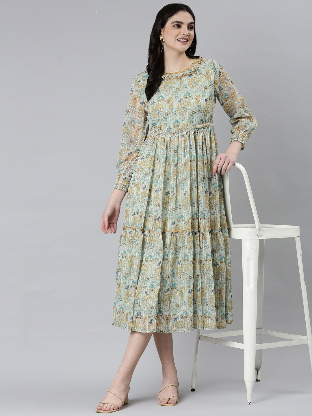 Women Sea Green Embellished Fit and Flare Dress
