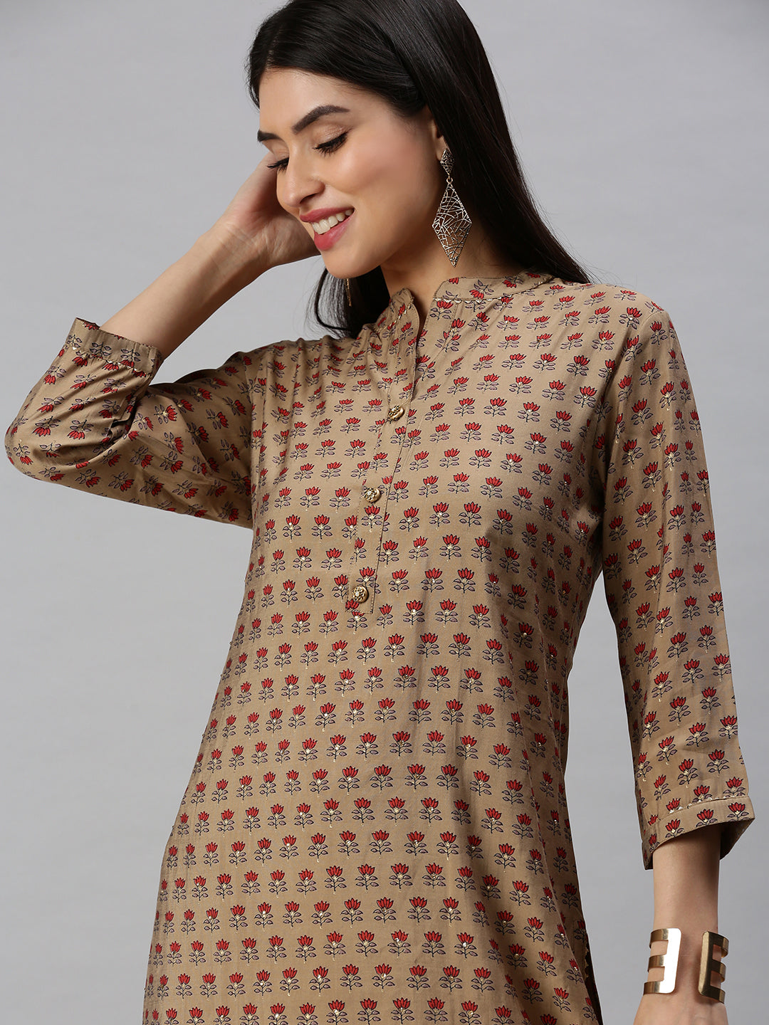 Women's Brown Floral Straight Kurta