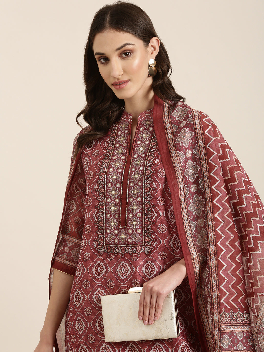 Women Maroon Printed Kurta Set