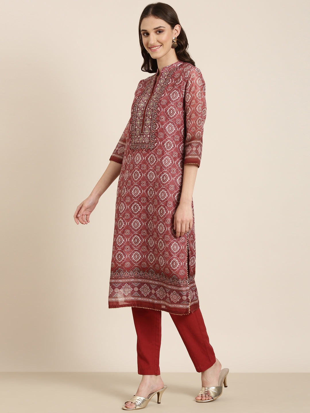 Women Maroon Printed Kurta Set