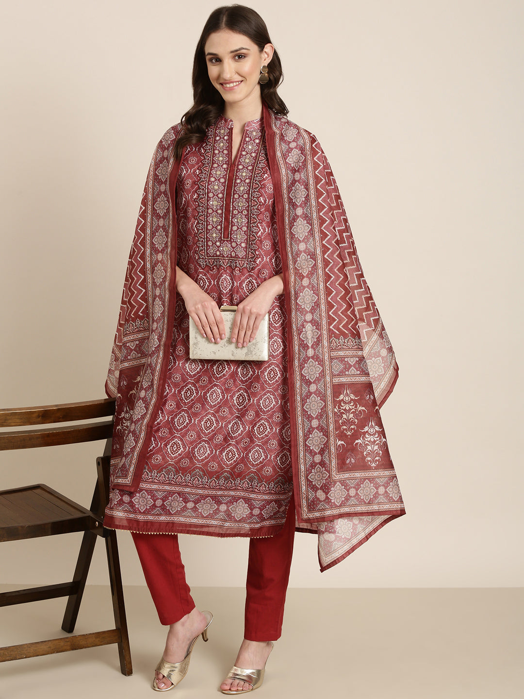 Women Maroon Printed Kurta Set