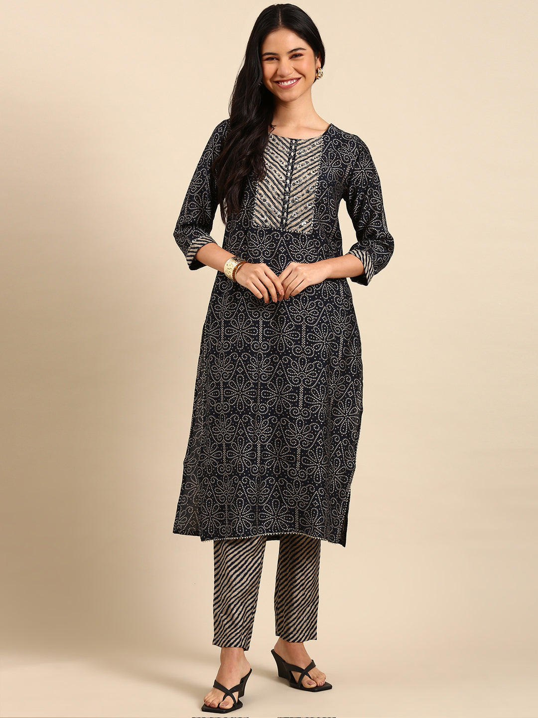 Women's Navy Blue Printed Kurta Set