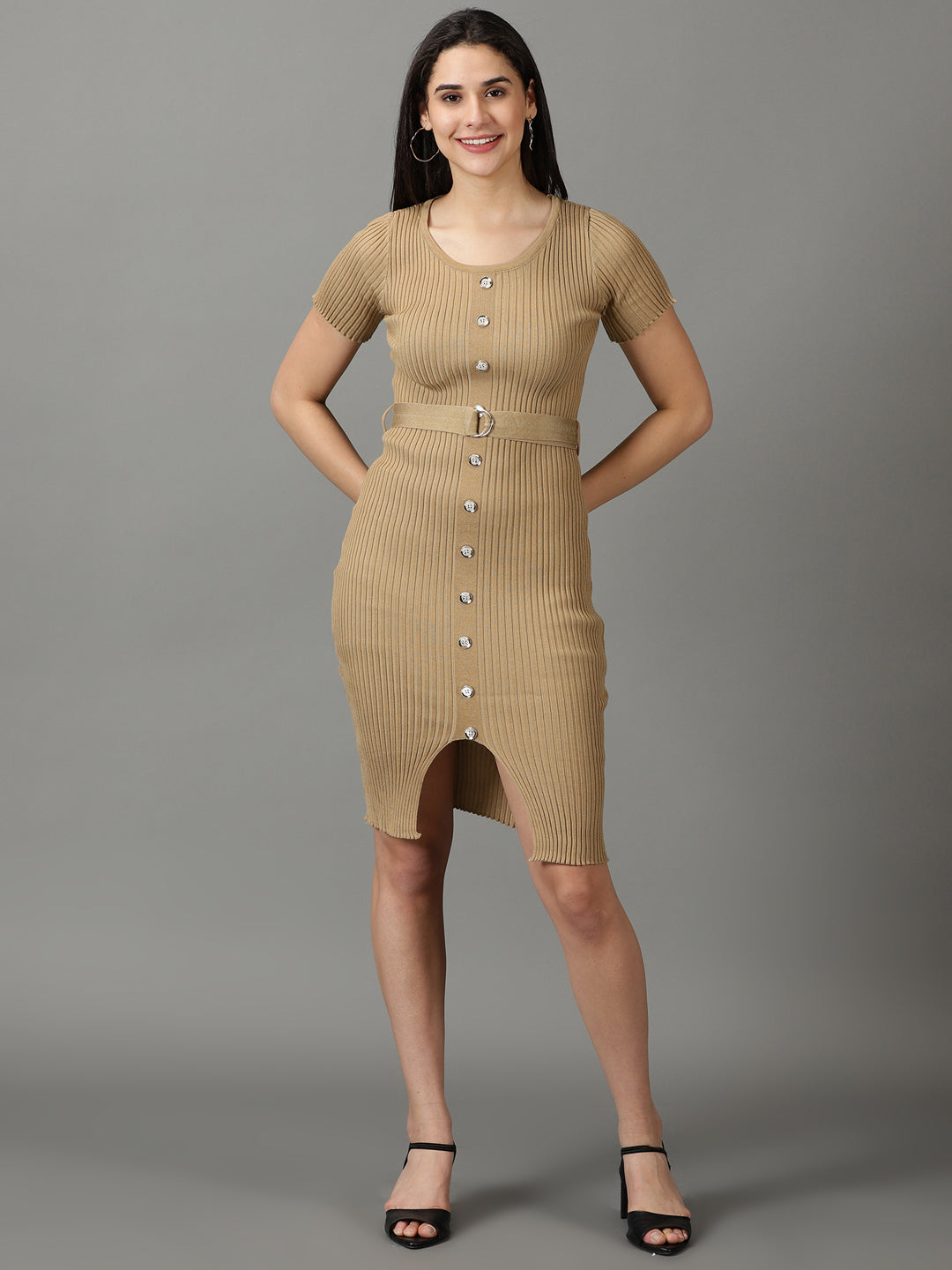 Women's Khaki Solid Bodycon Dress