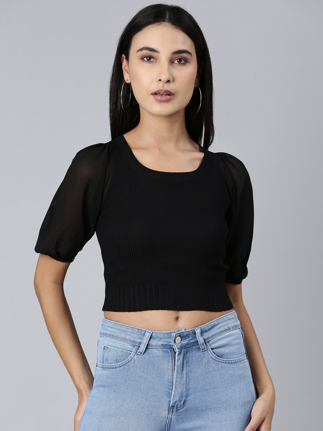 Women Black Solid Fitted Crop Top