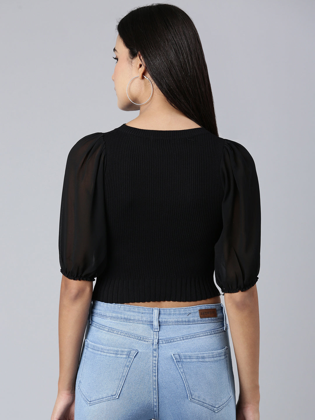 Women Black Solid Fitted Crop Top