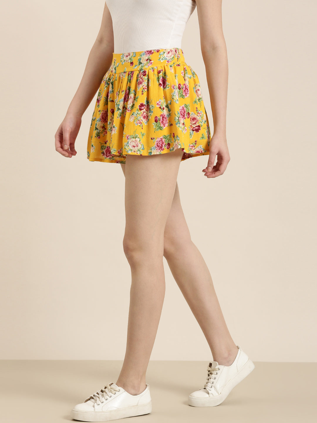 Women Yellow Printed Shorts