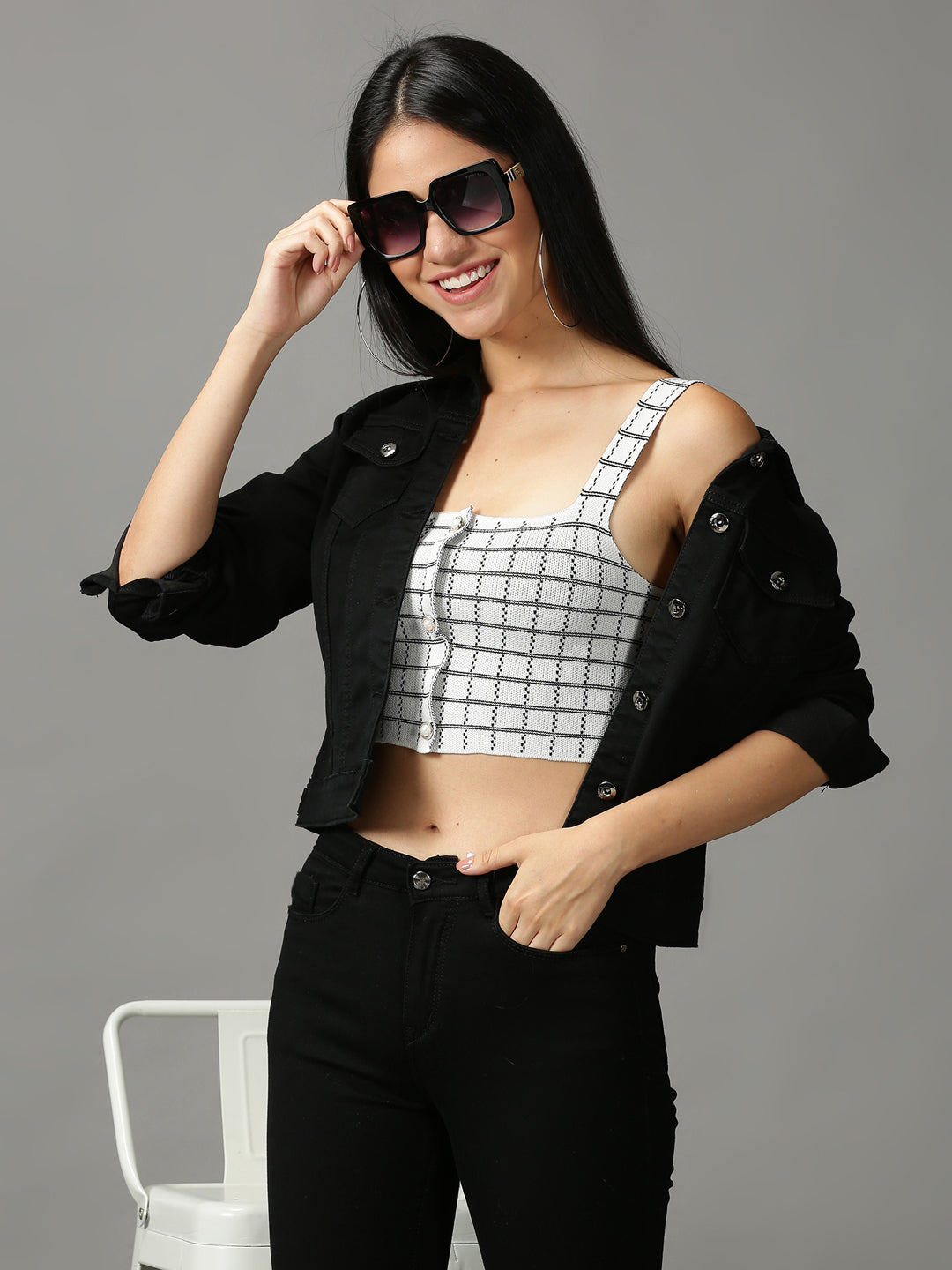 Women's Grey Checked Fitted Crop Top