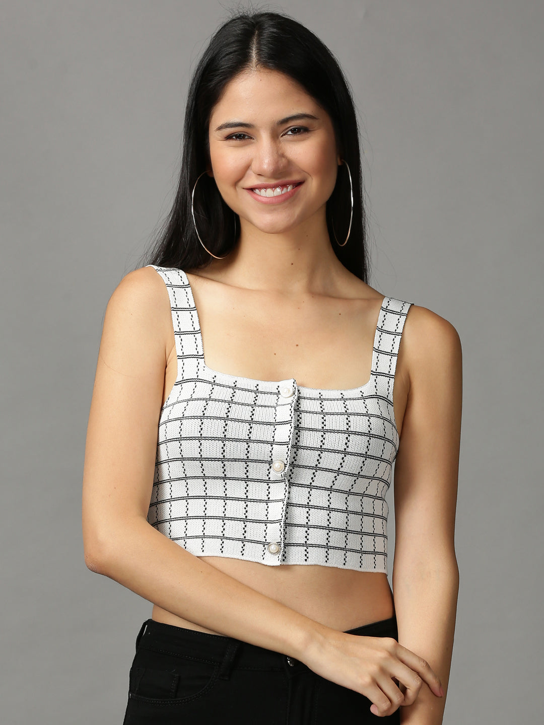 Women's Grey Checked Fitted Crop Top