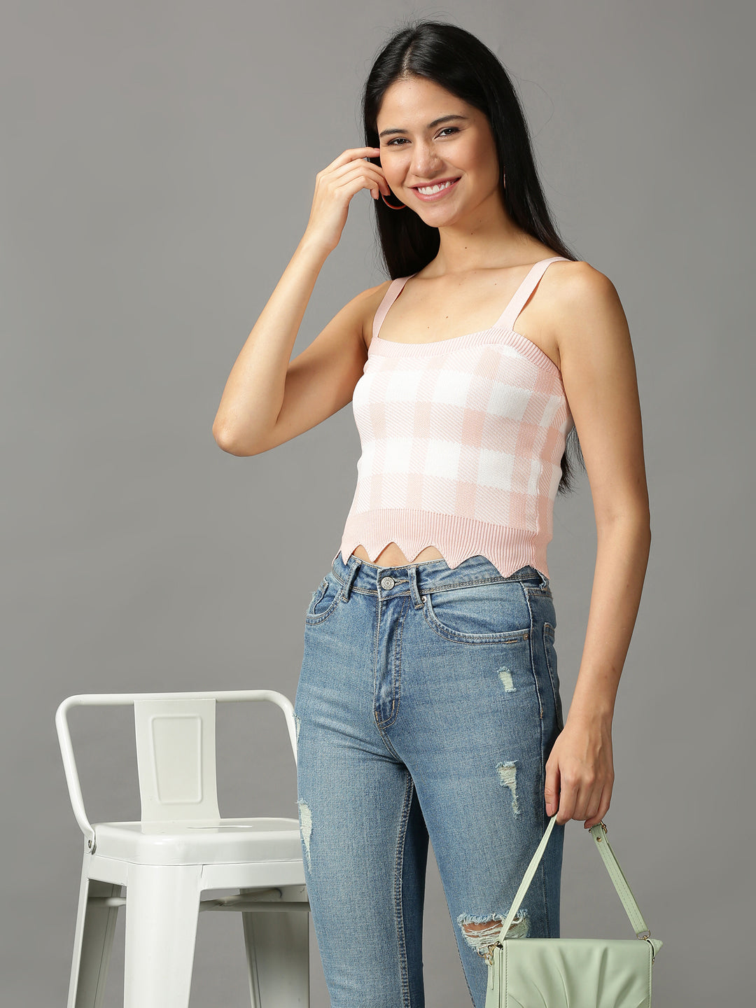 Women's Pink Checked Fitted Crop Top