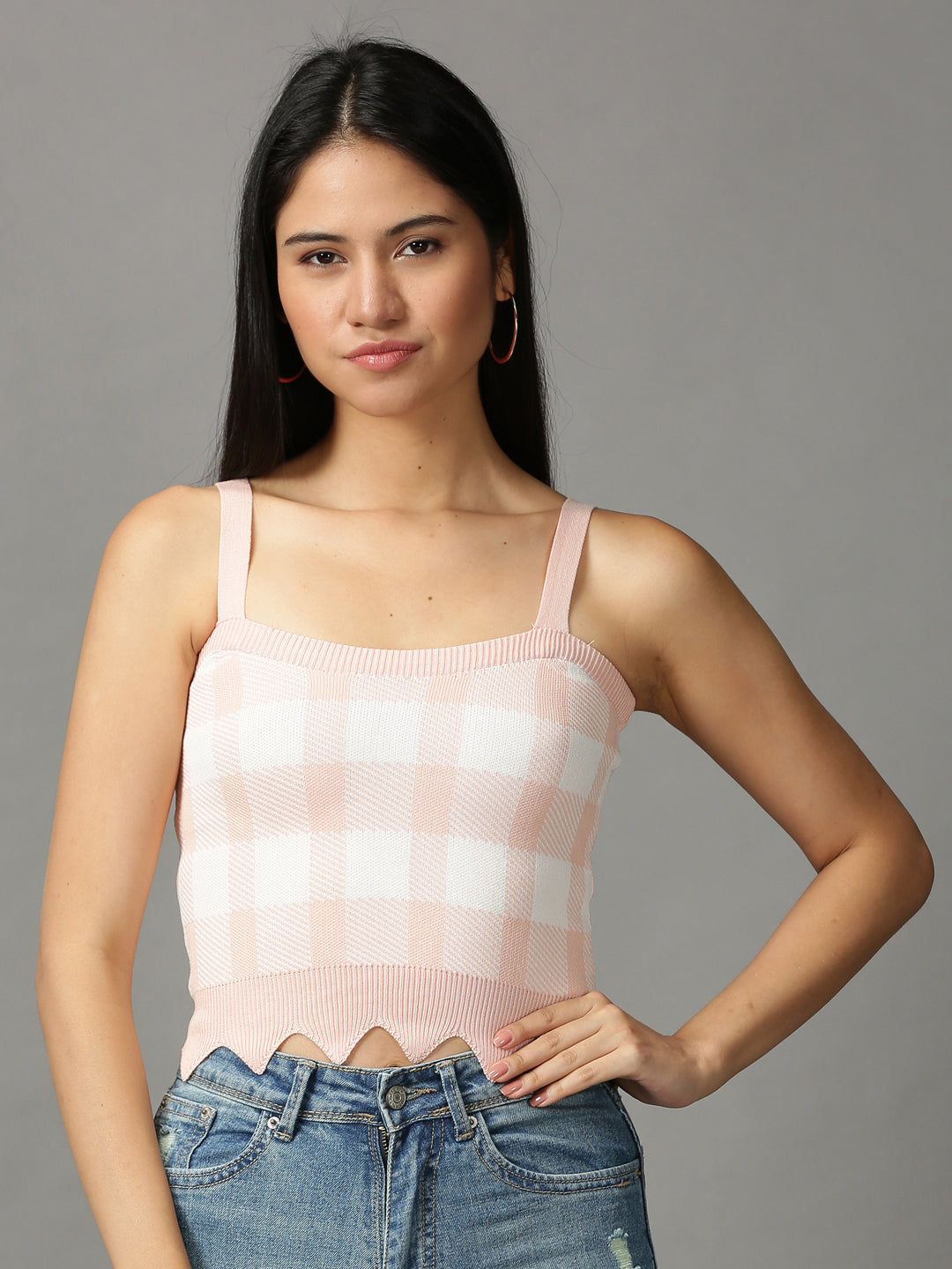 Women's Pink Checked Fitted Crop Top