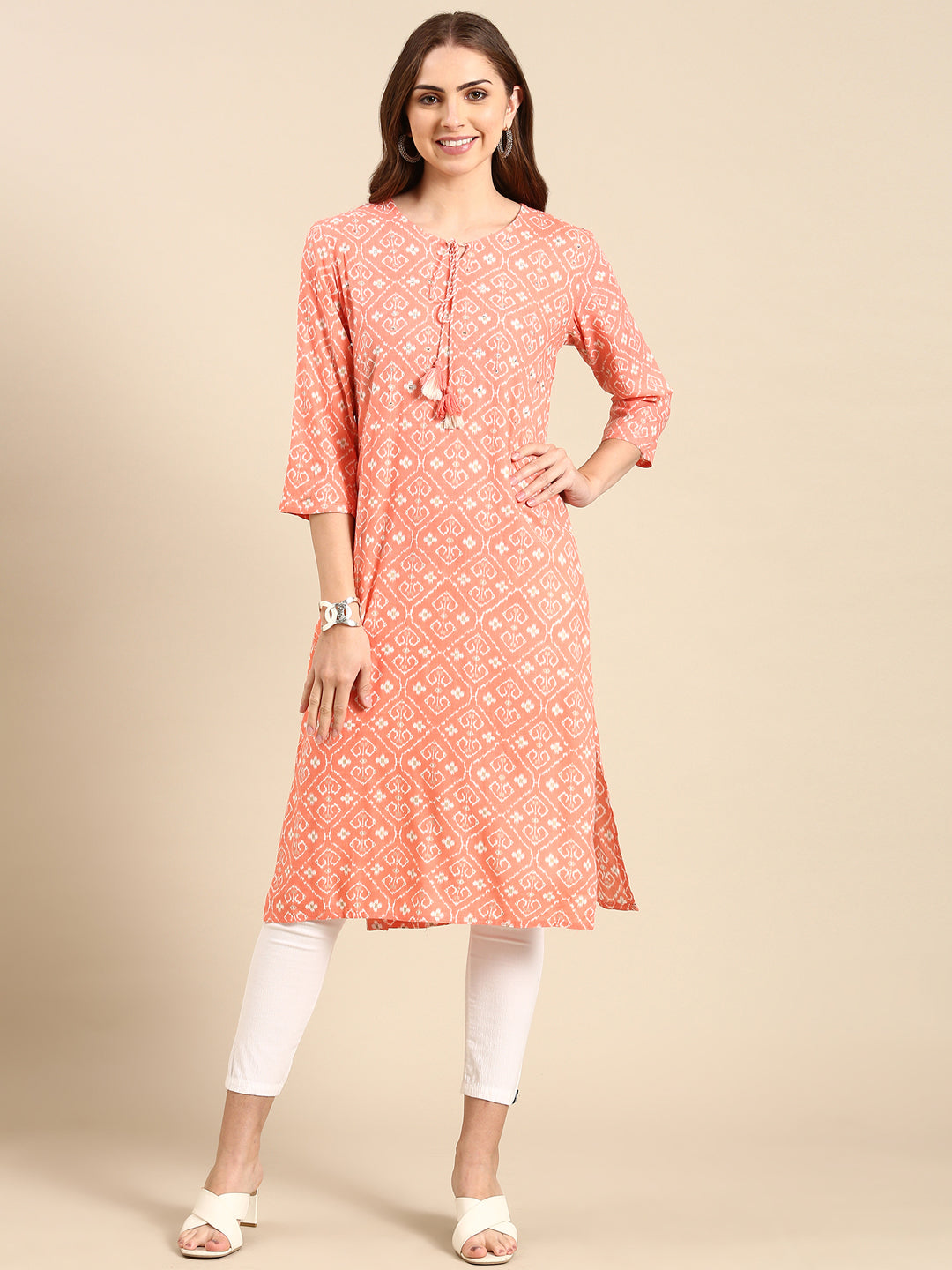 Women's Peach Printed Straight Kurta