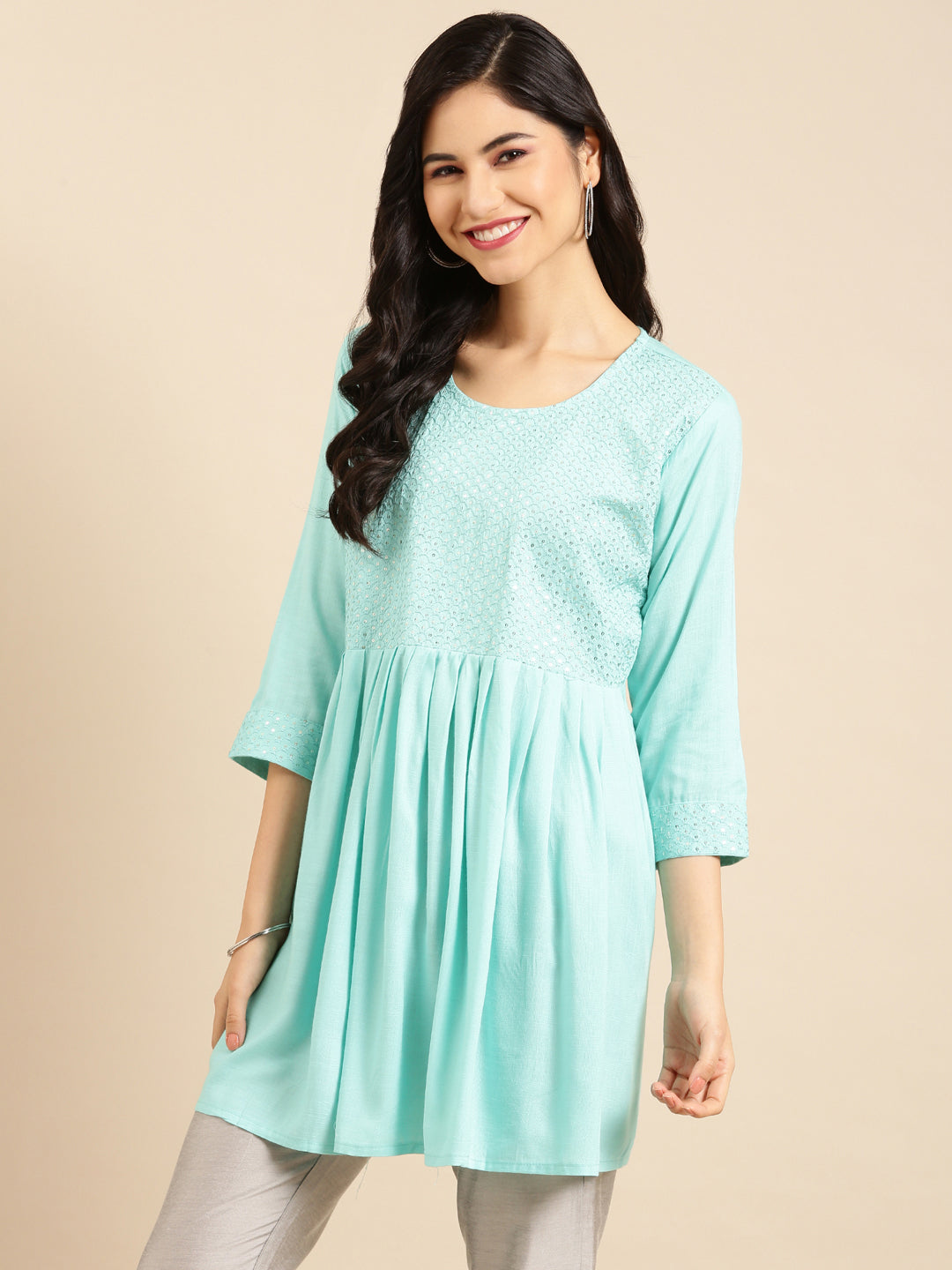 Women's Blue Solid A-Line Kurti