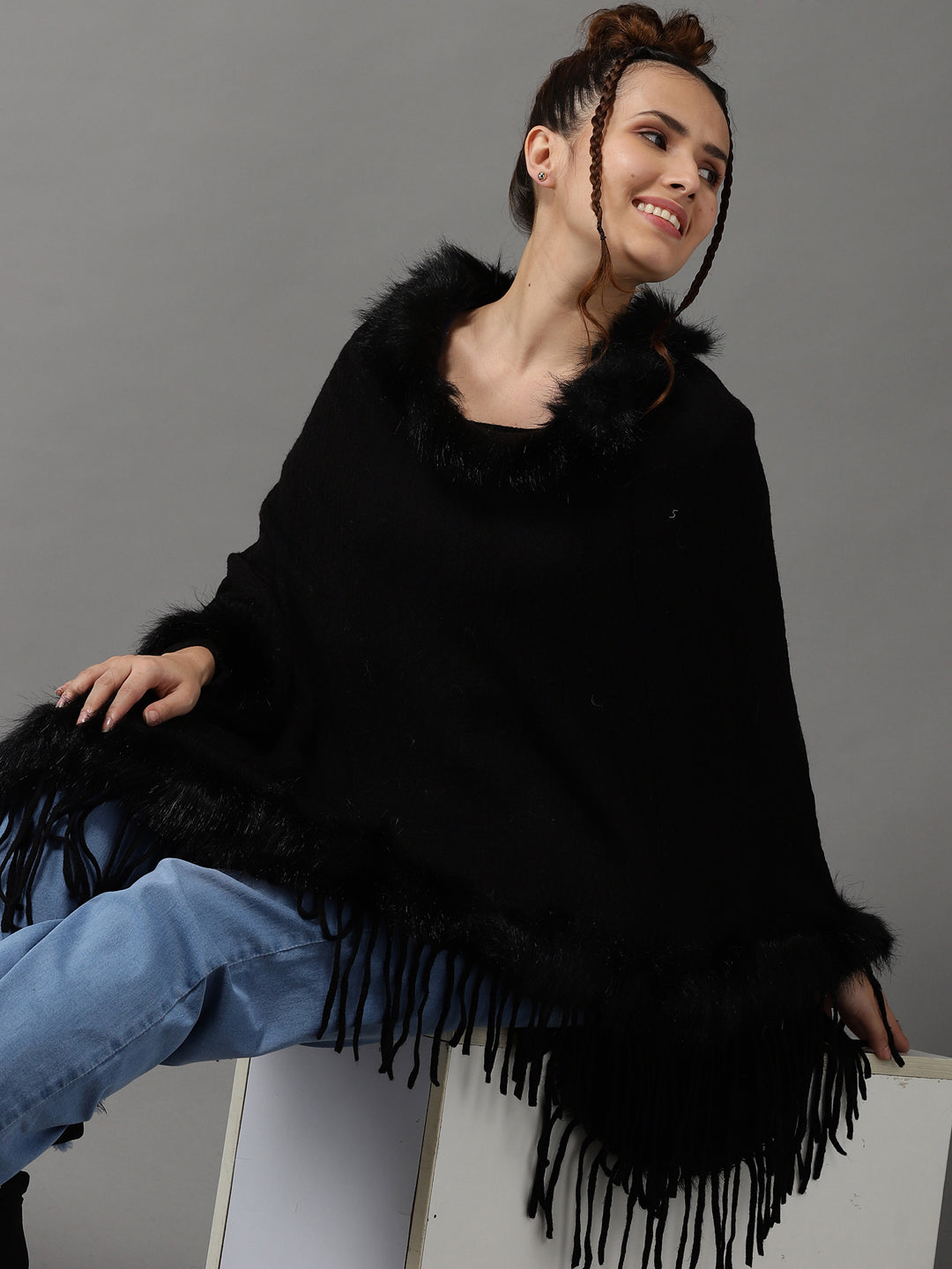Women's Black Solid Poncho Sweater