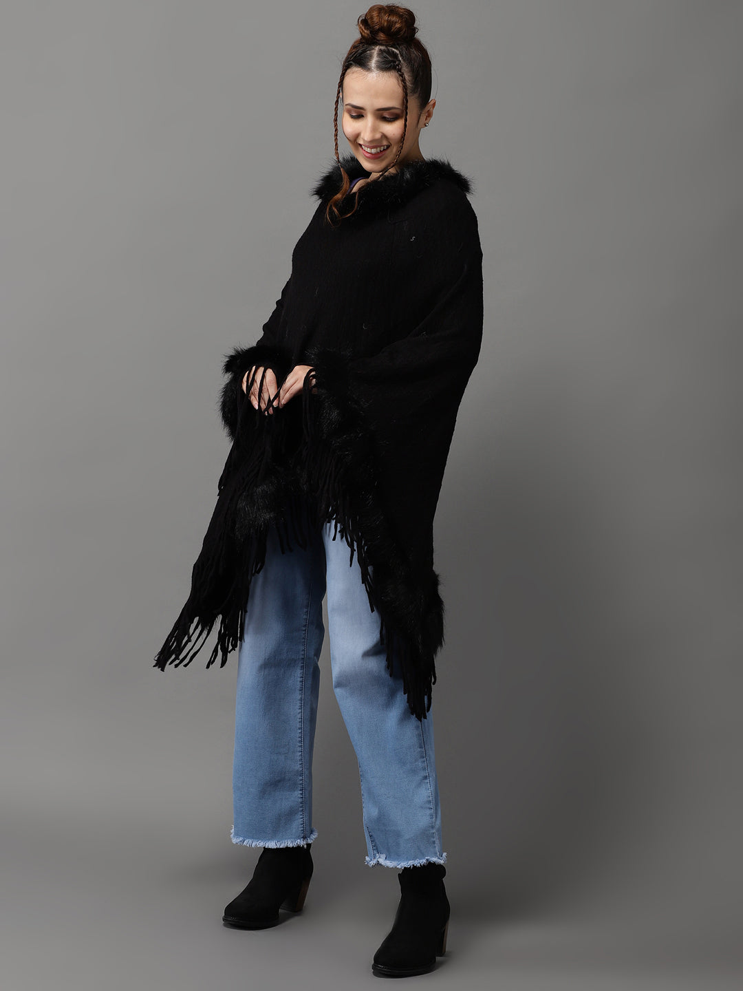 Women's Black Solid Poncho Sweater