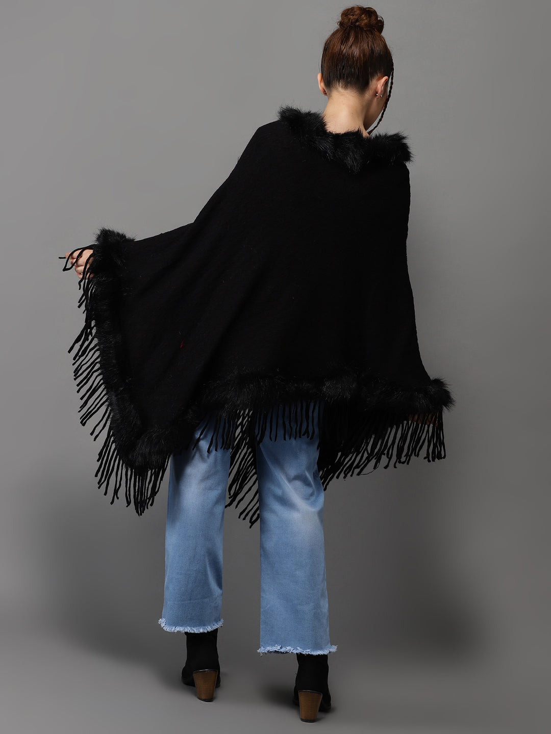 Women's Black Solid Poncho Sweater