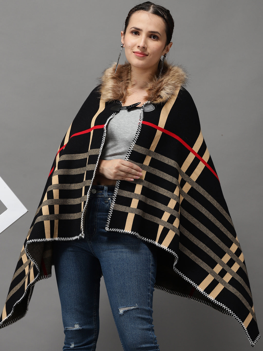 Women's Brown Checked Poncho Sweater