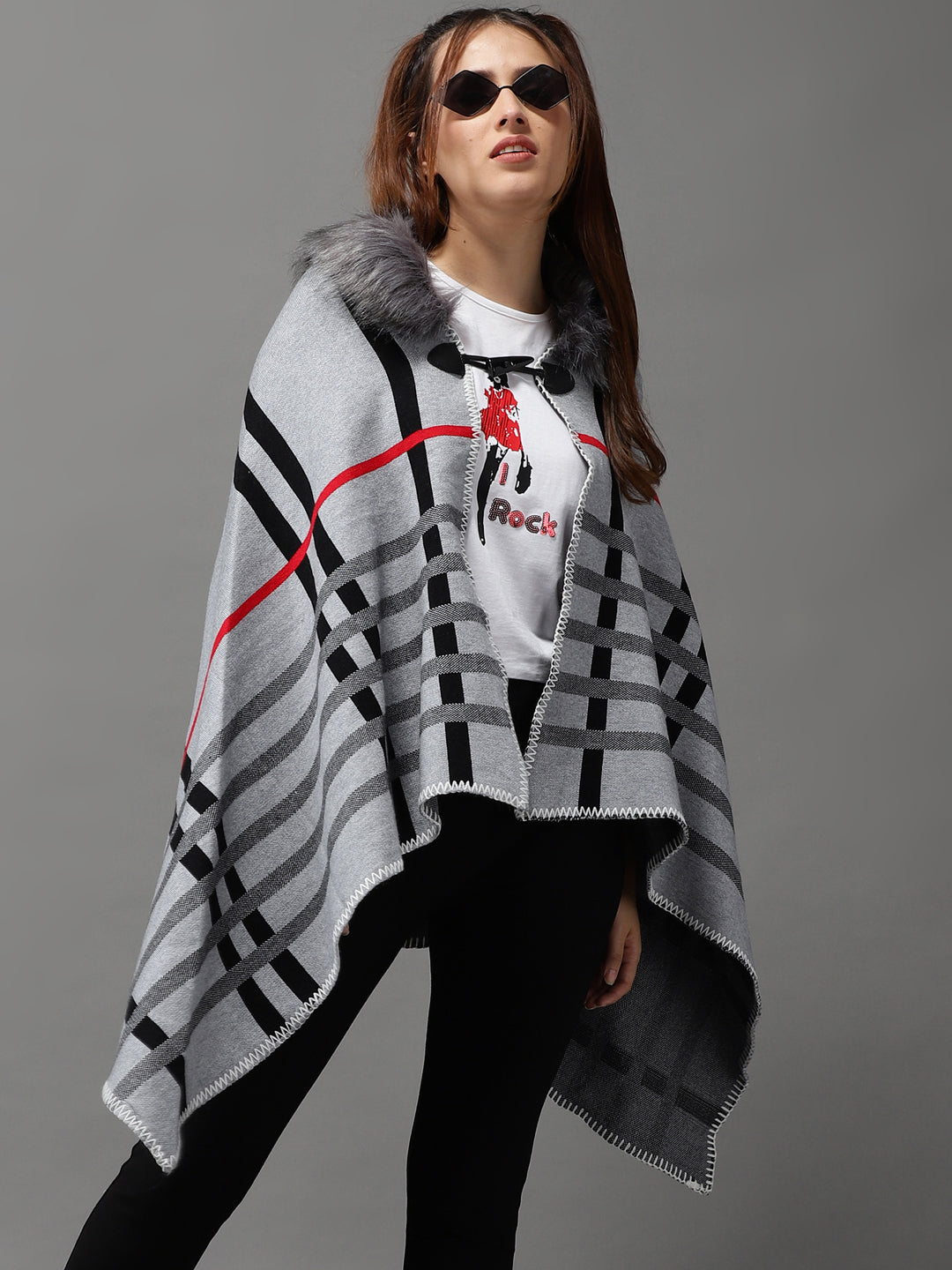 Women's Grey Checked Poncho Sweater