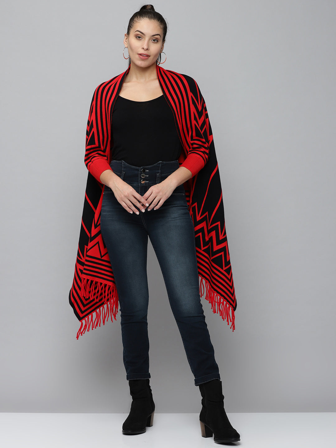 Women's Red Striped Poncho Sweater