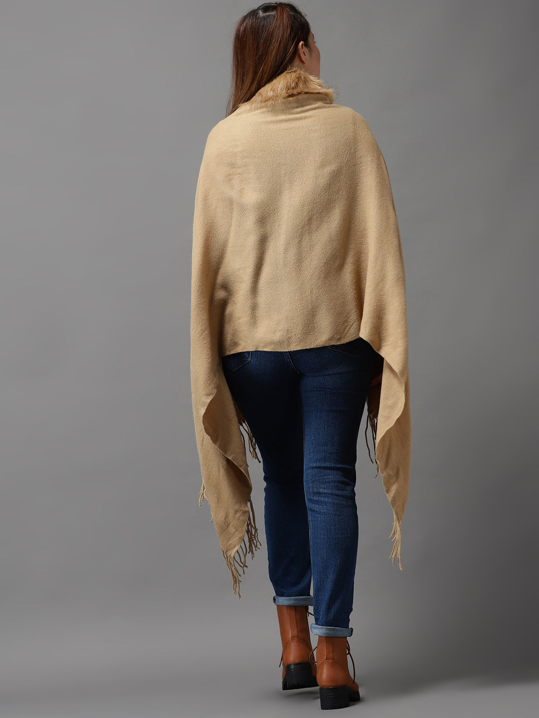 Women's Brown Solid Poncho Sweater