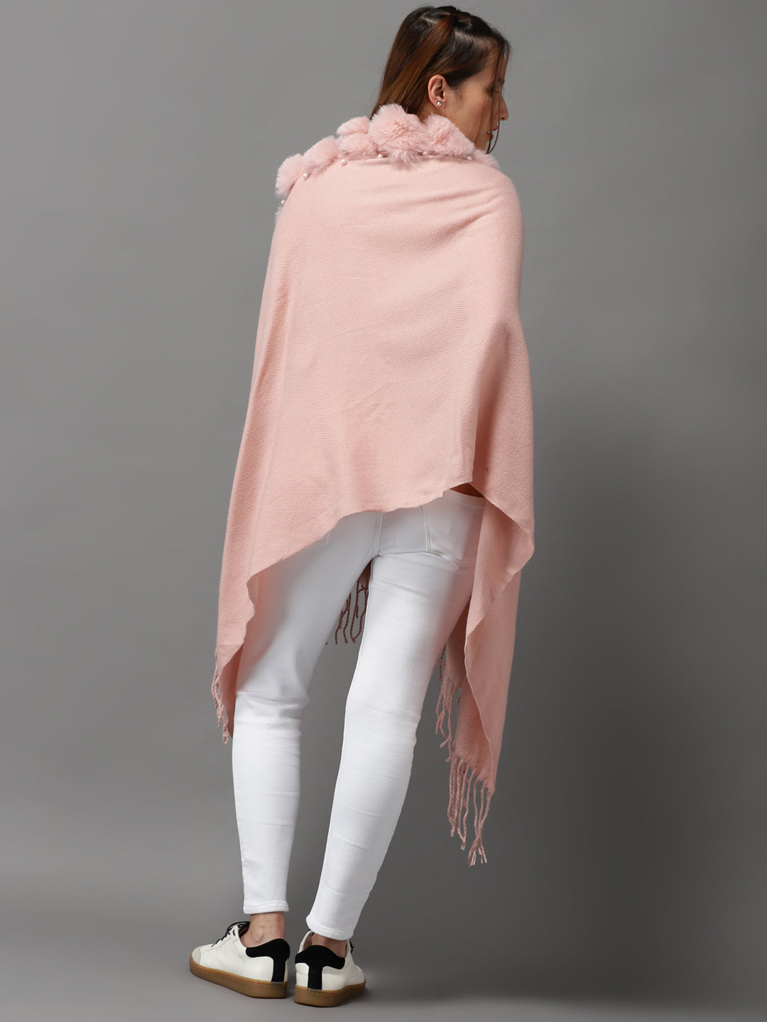 Women's Pink Solid Poncho Sweater