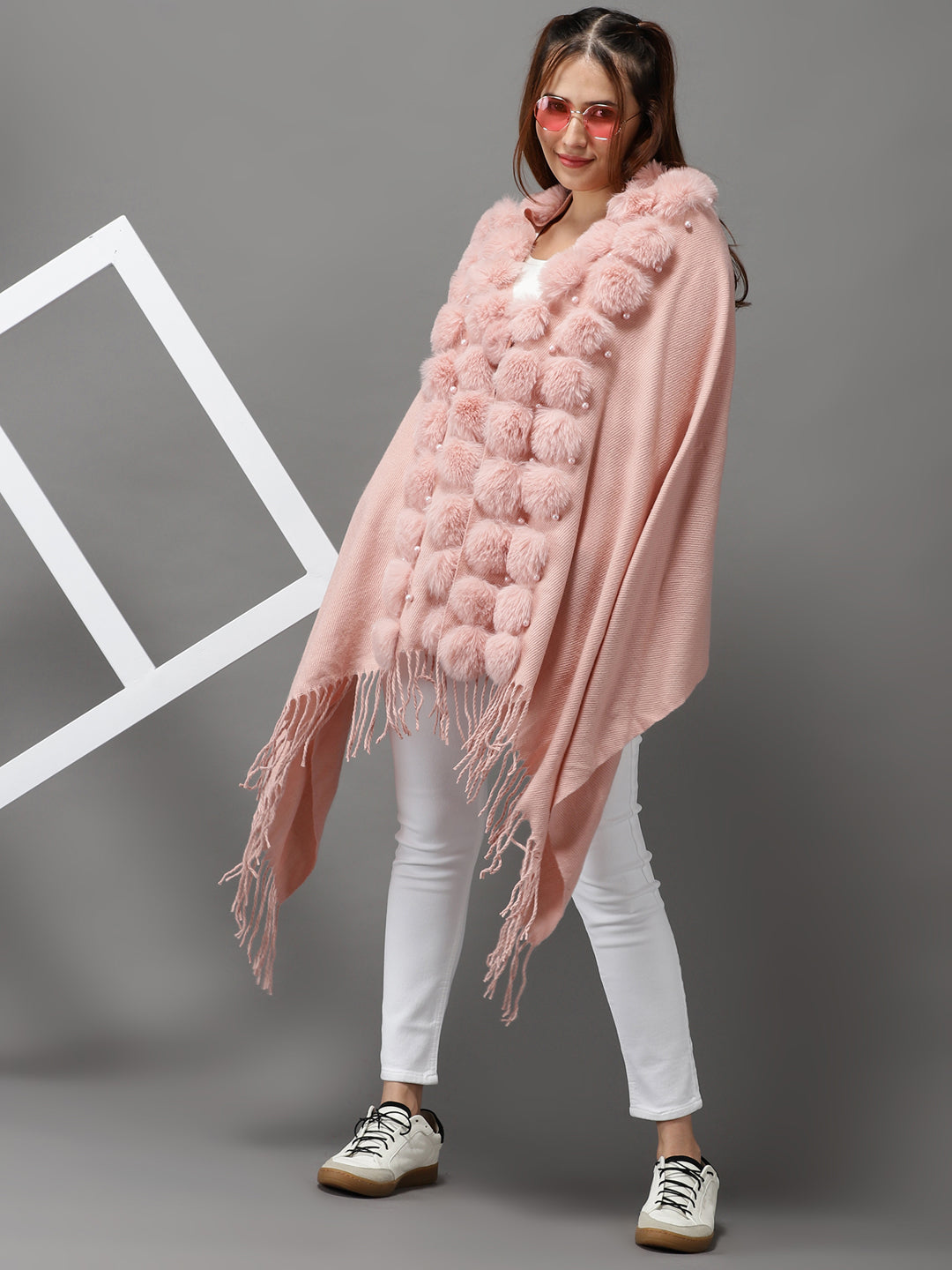 Women's Pink Solid Poncho Sweater