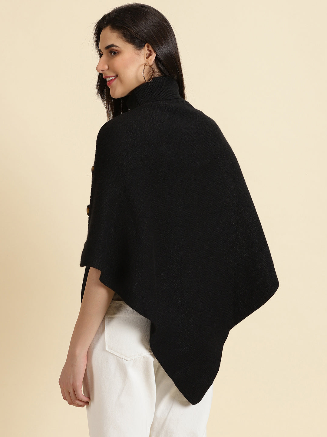 Women's Black Solid Poncho Longline Sweater