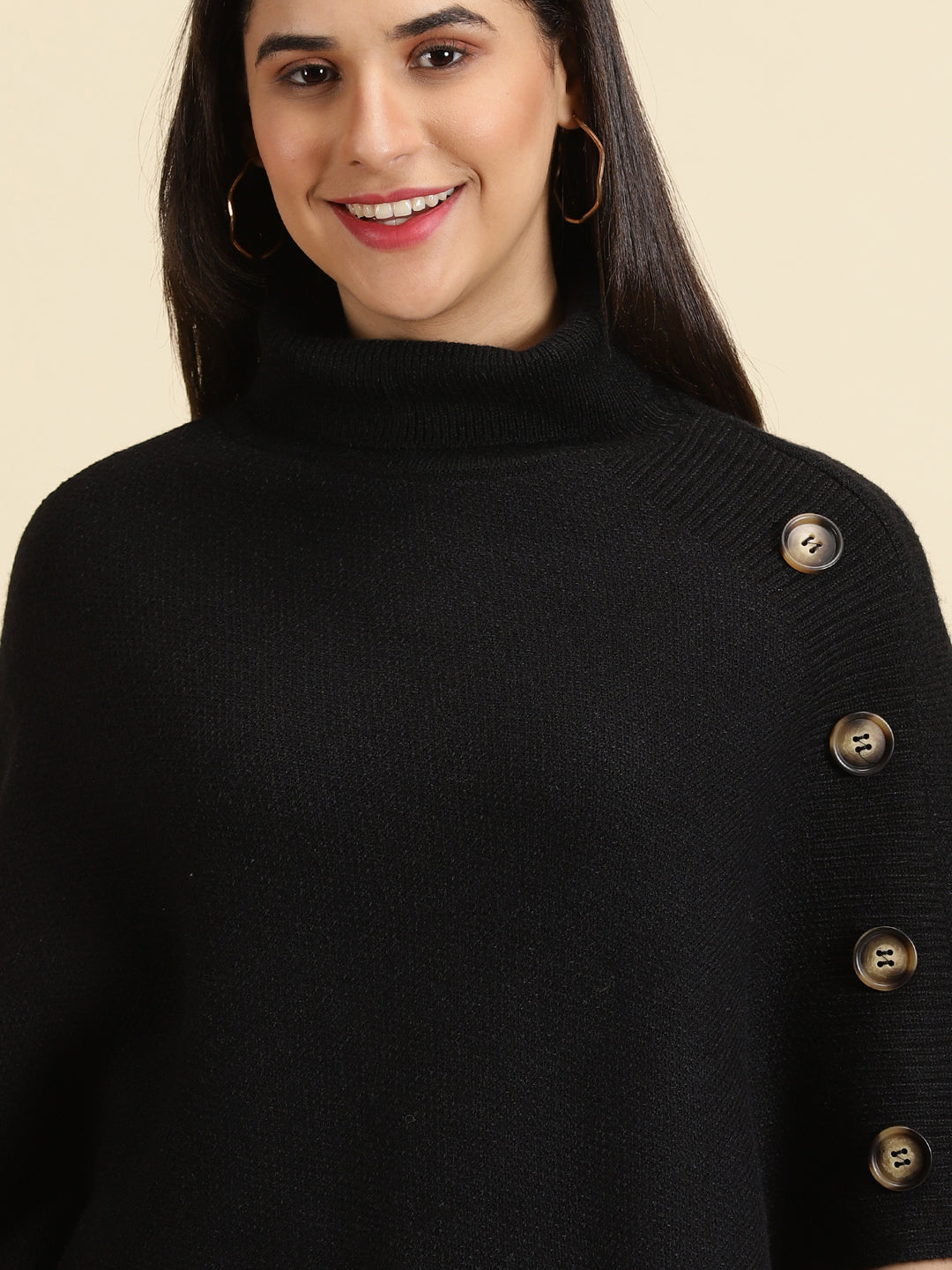 Women's Black Solid Poncho Longline Sweater