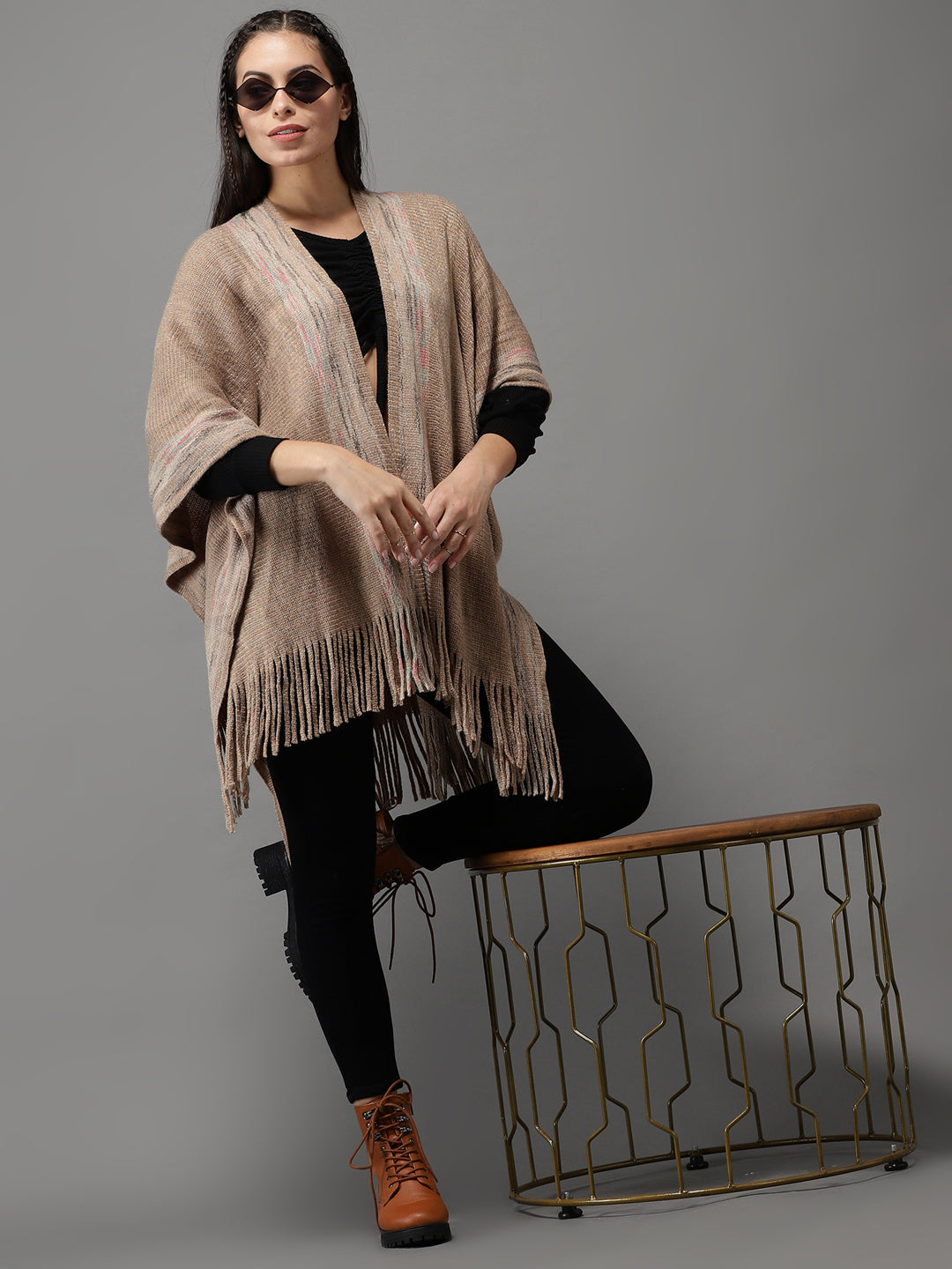 Women's Beige Solid Poncho Sweater