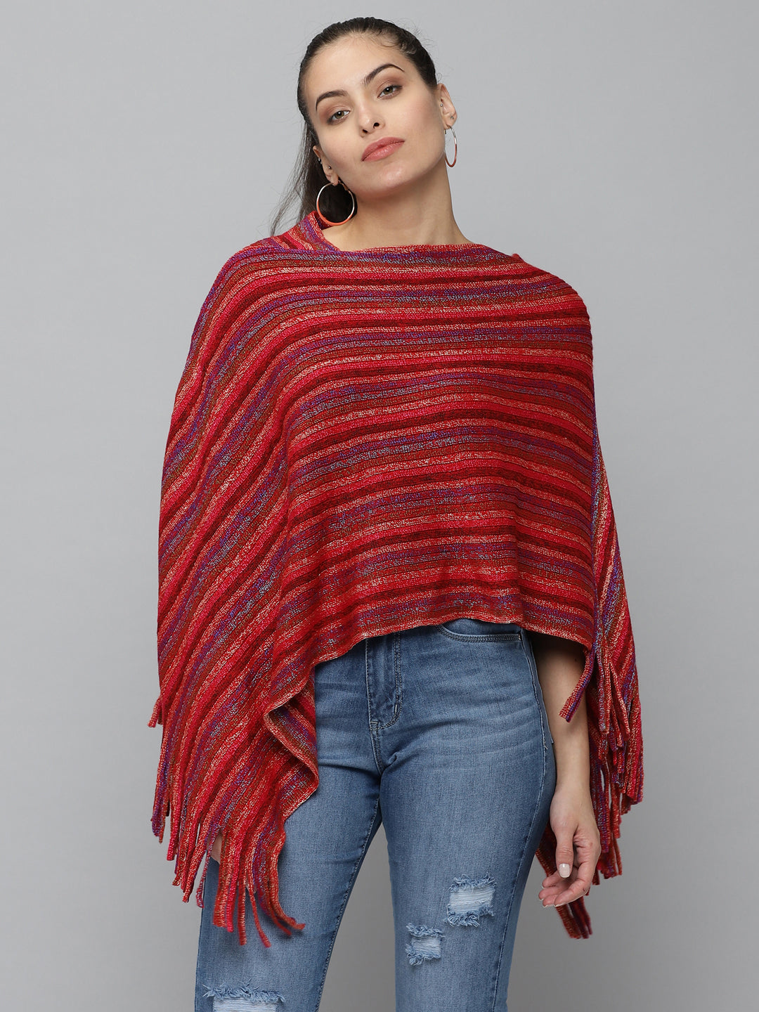 Women's Red Striped Poncho Sweater