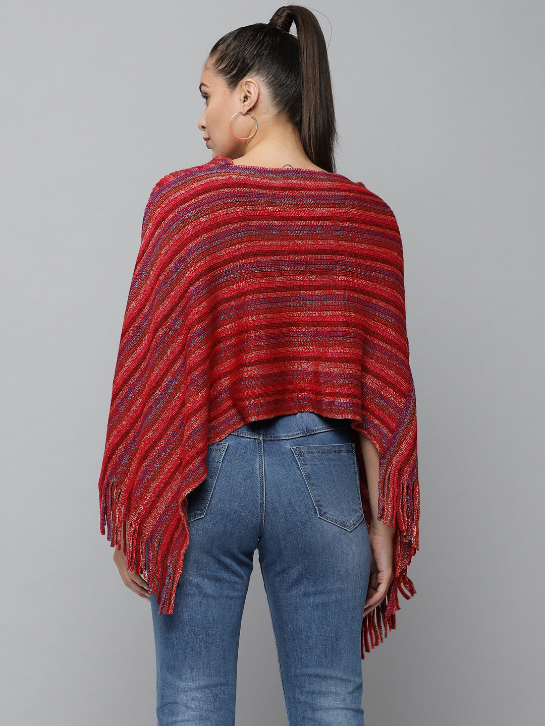 Women's Red Striped Poncho Sweater