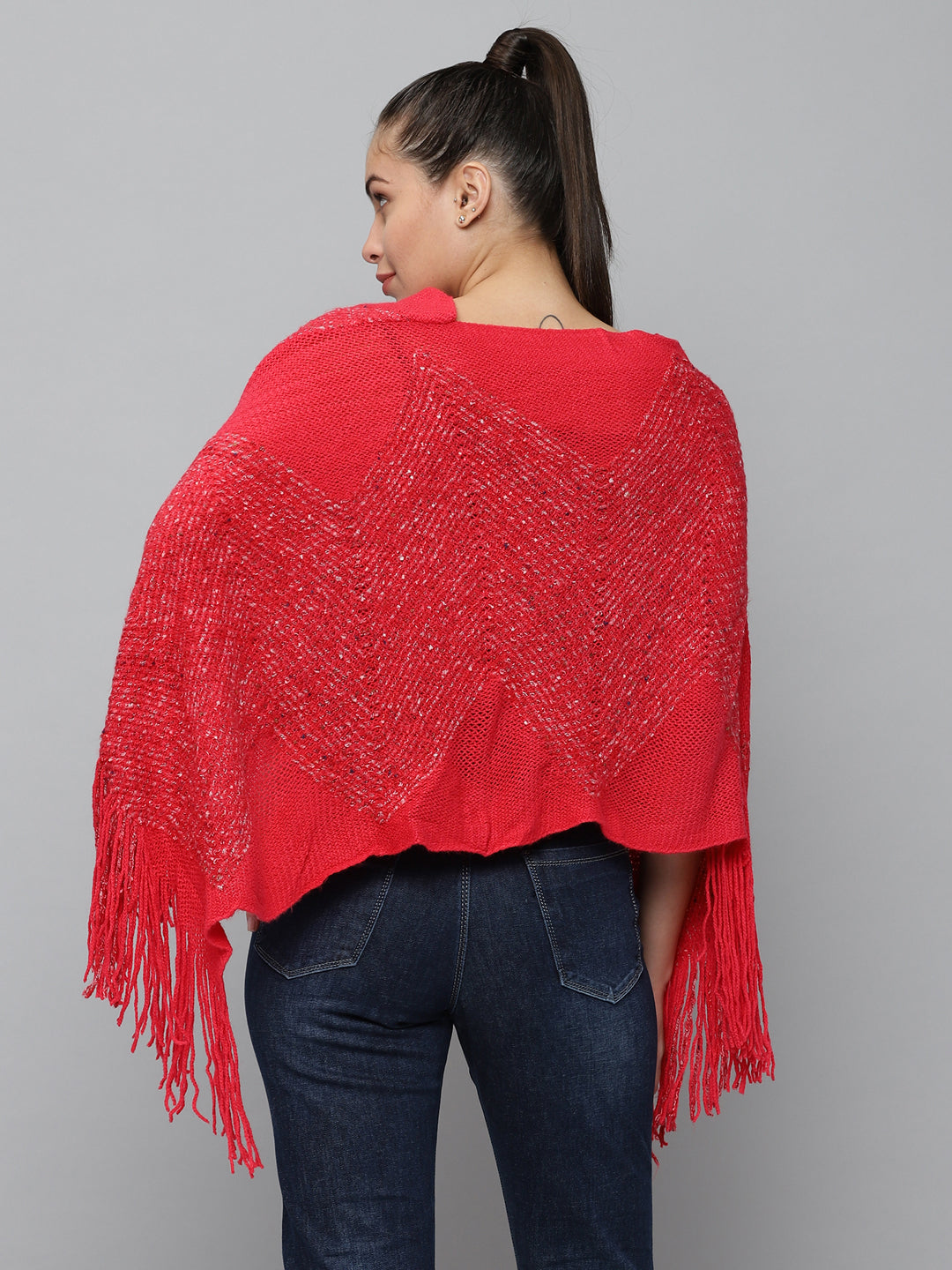 Women's Red Solid Poncho Sweater