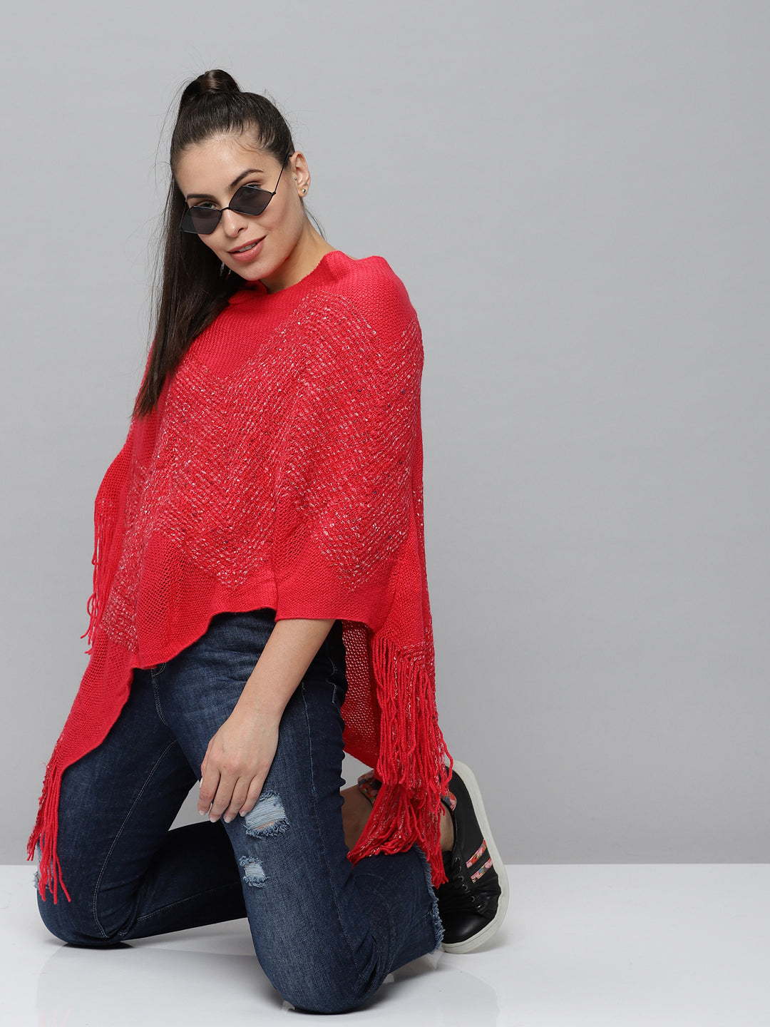 Women's Red Solid Poncho Sweater