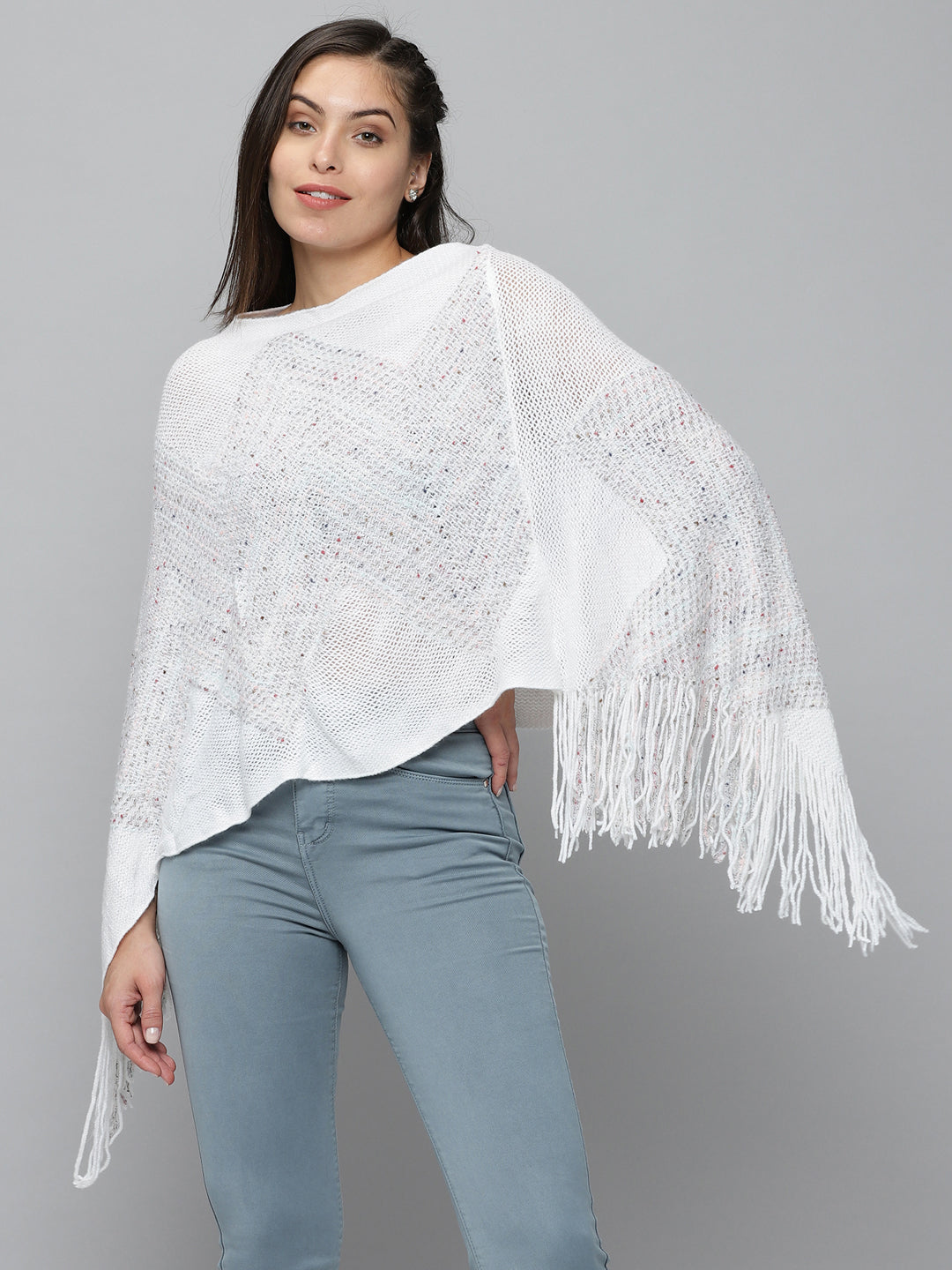 Women's White Solid Poncho Sweater