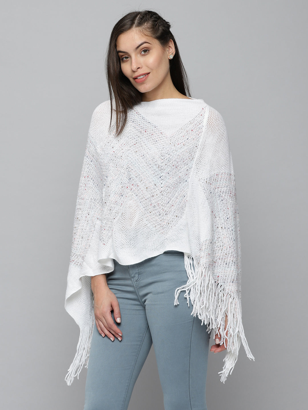 Women's White Solid Poncho Sweater